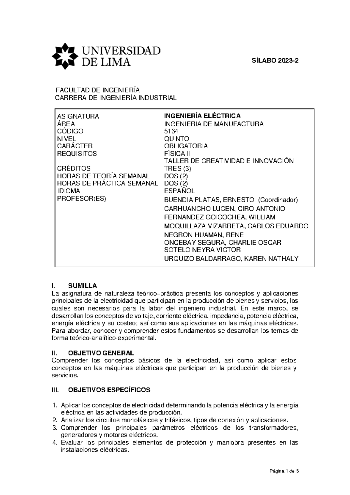 SÍLABO 2023-2 INGENIERÍA ELÉCTRICA 5164 - FACULTAD INGENIERÍA - Document Preview