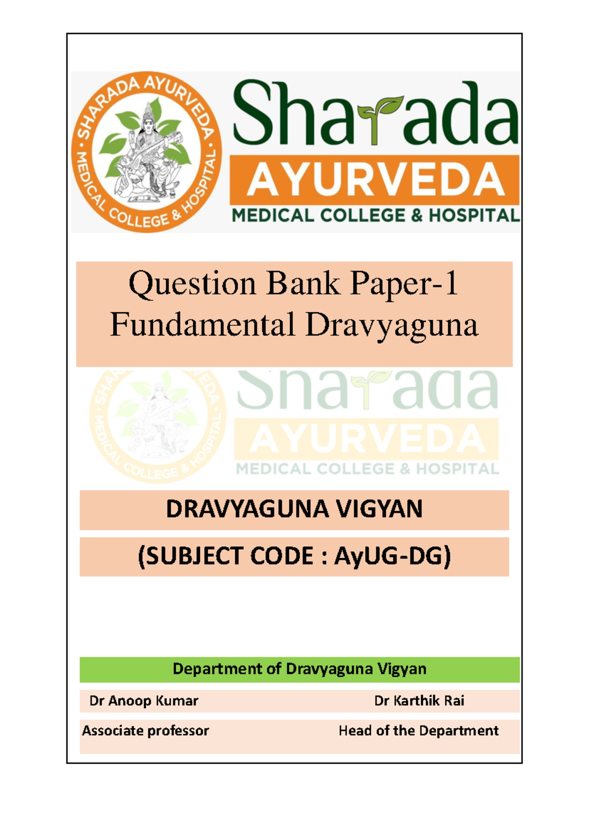 Question Bank-1: Fundamental Dravyaguna (AyUG-DG) Study Notes - Studocu