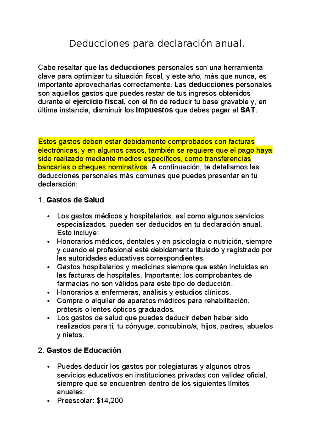 Deducciones Personales para Declaración Anual: Guía Completa - Studocu