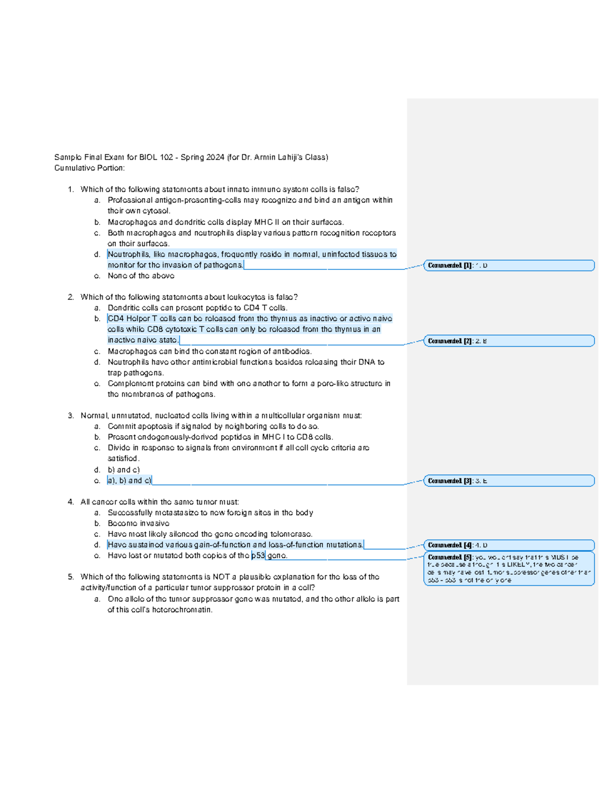 Annotated BIOL 102 Sample Final Exam - Spring 2024 - Studocu