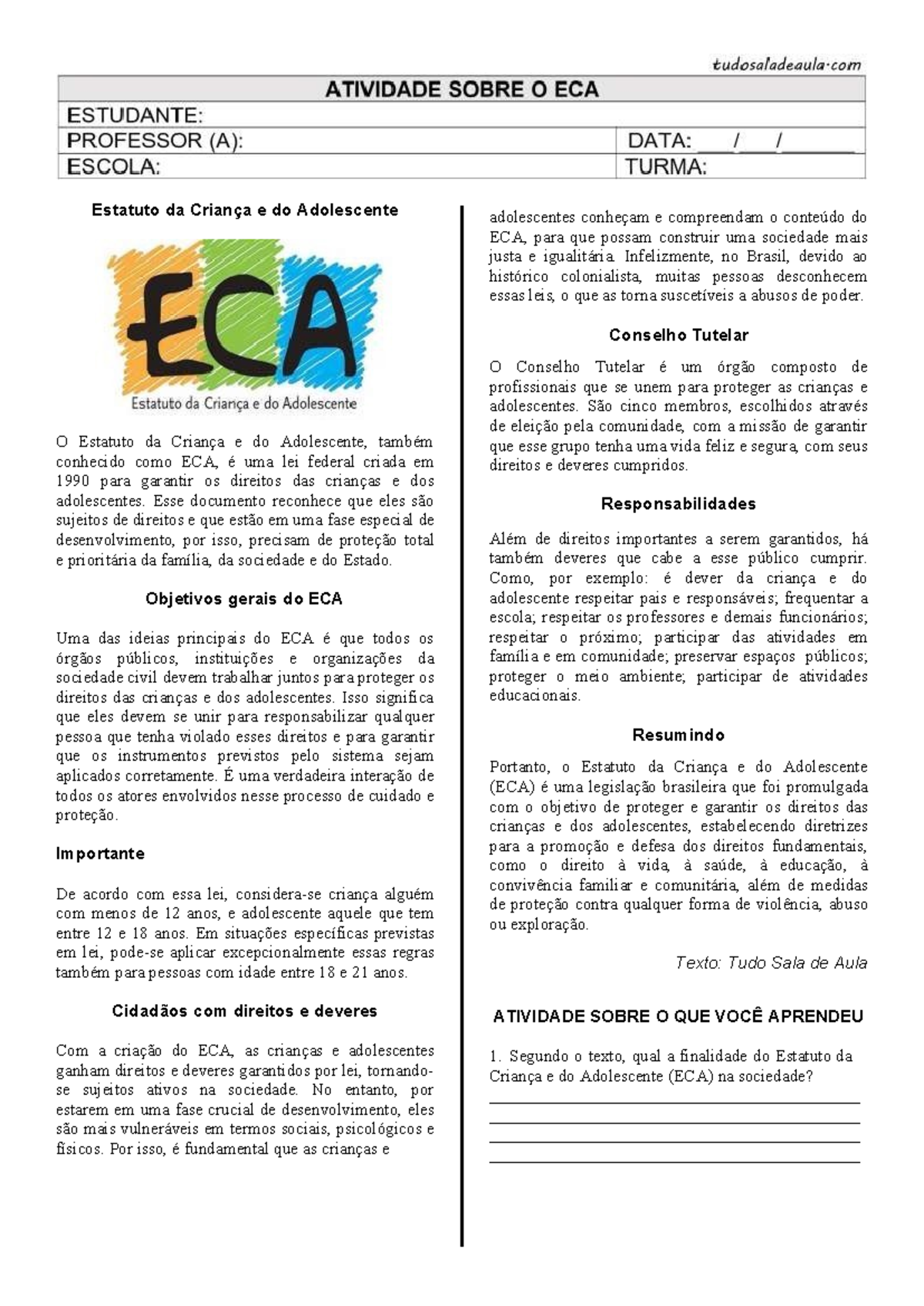 ECA: Direitos e Deveres das Crianças e Adolescentes na Sociedade - Studocu