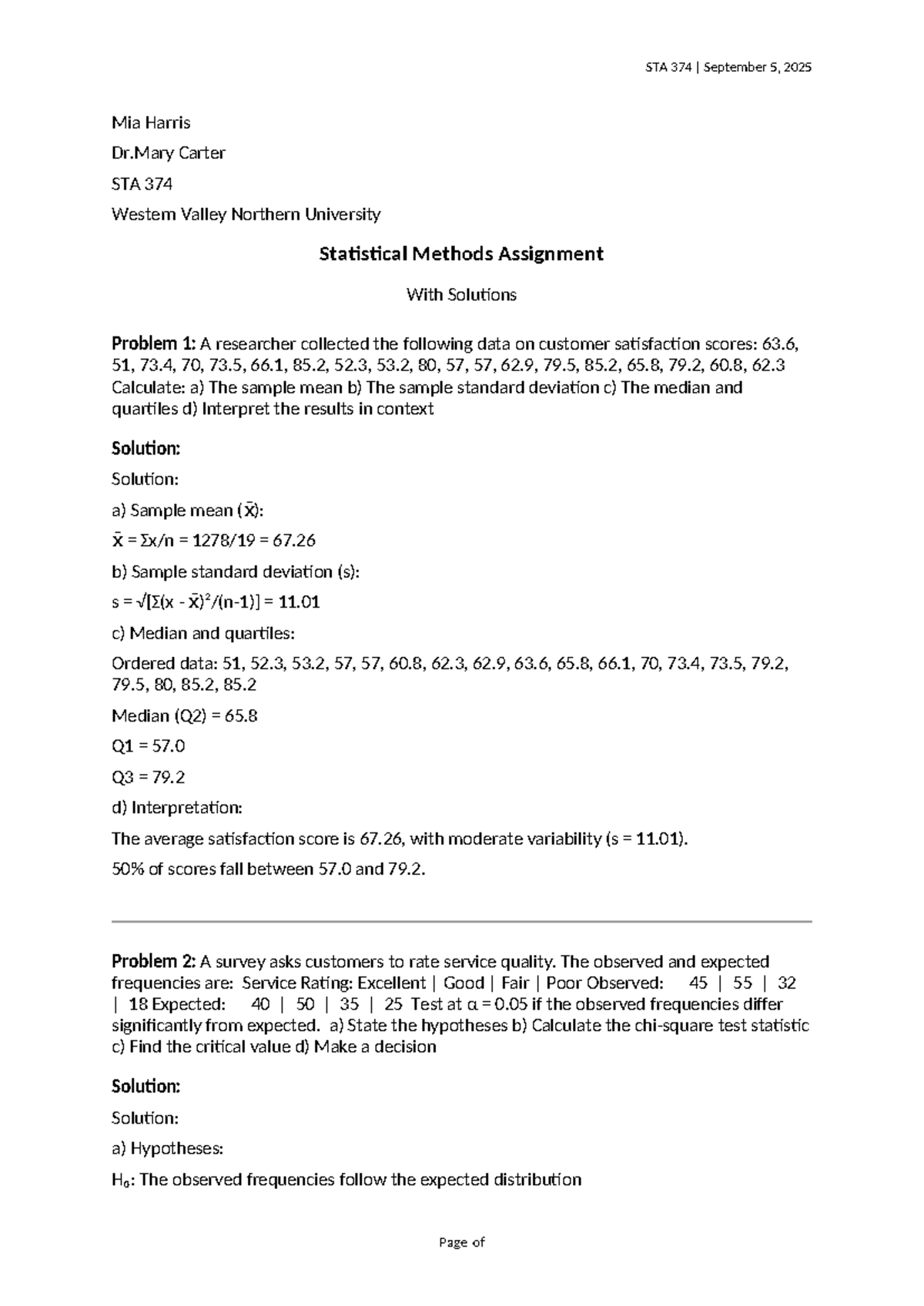 STA 374 Statistical Methods Assignment Solutions and Interpretations ...