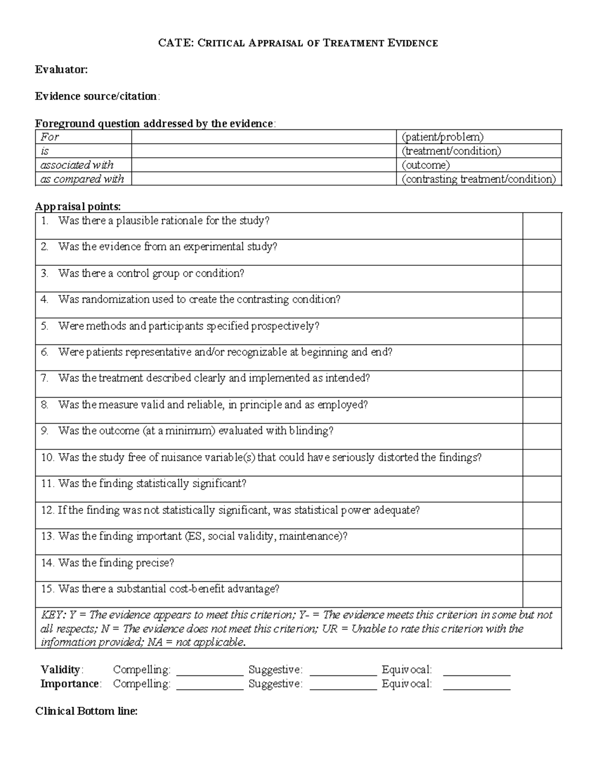 CATE - Critical Appraisal of Treatment Evidence Form Guide - Studocu