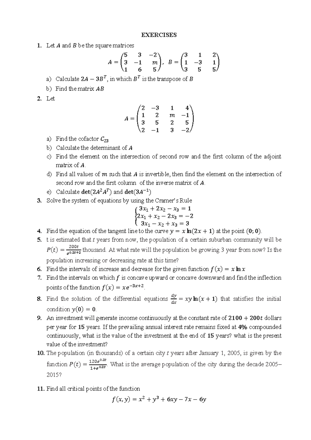 Mathematics Exercises for Course MATH 101: Matrix & Differential ...