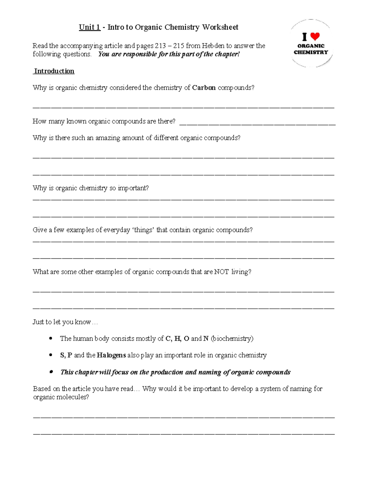 Unit 1: Intro to Organic Chemistry Worksheet (Ch. 1) - Studocu