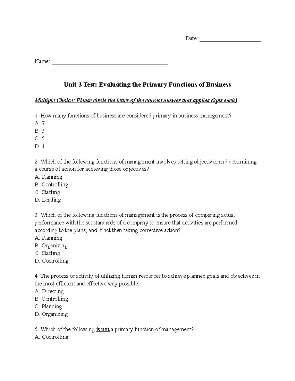 Unit 3 Test - Evaluating Primary Functions of Business - Studocu