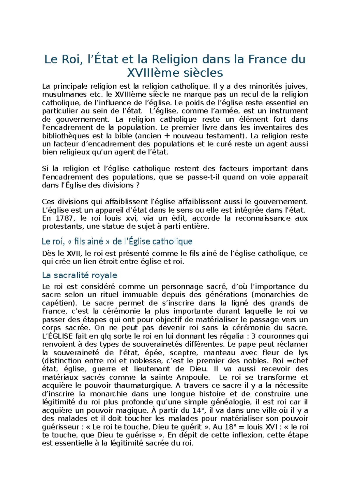 Moderne Séance 5 - Note de cours - Le Roi, l’État et la Religion dans ...