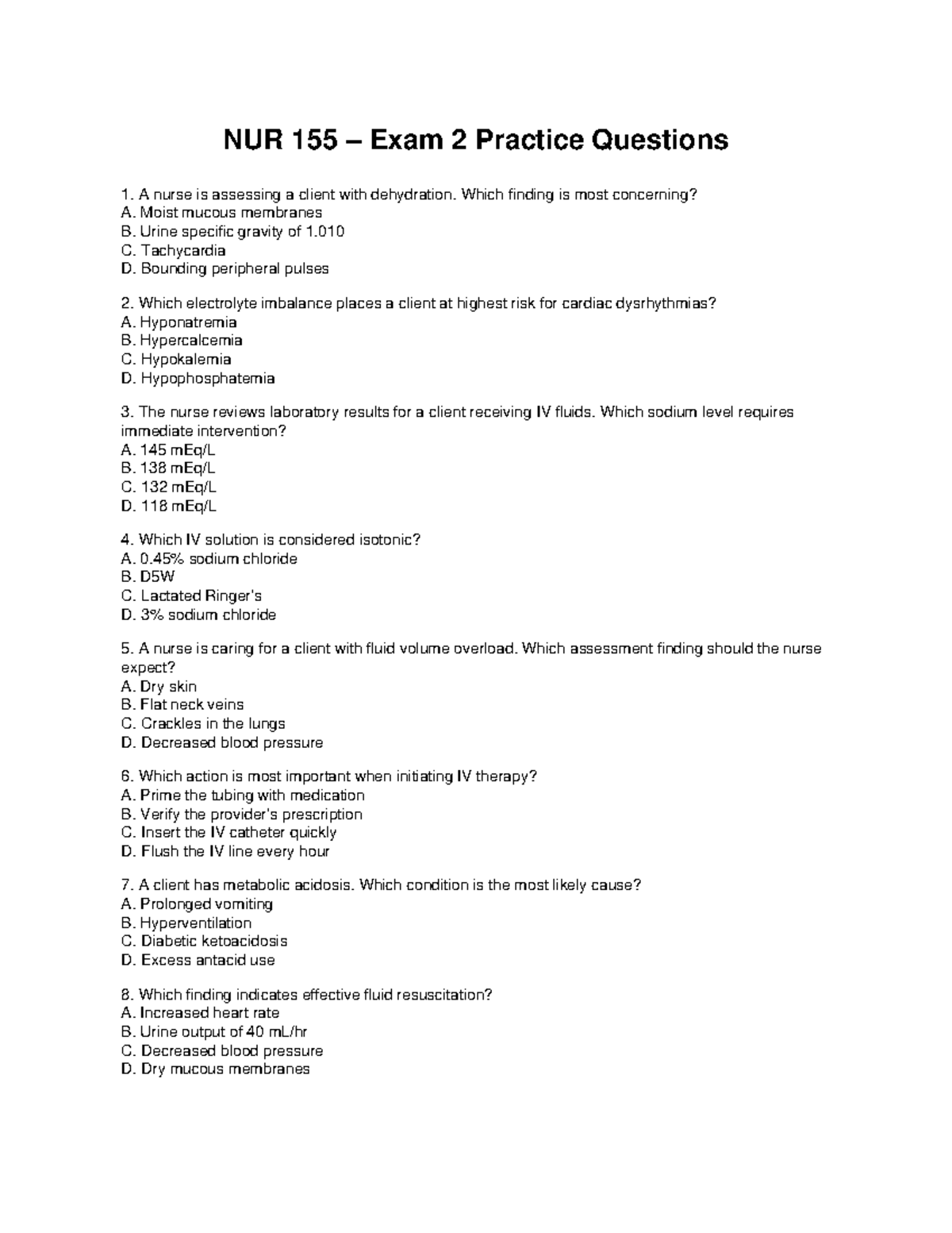 NUR 155 Final Exam 2 Practice Questions and Answers - Studocu