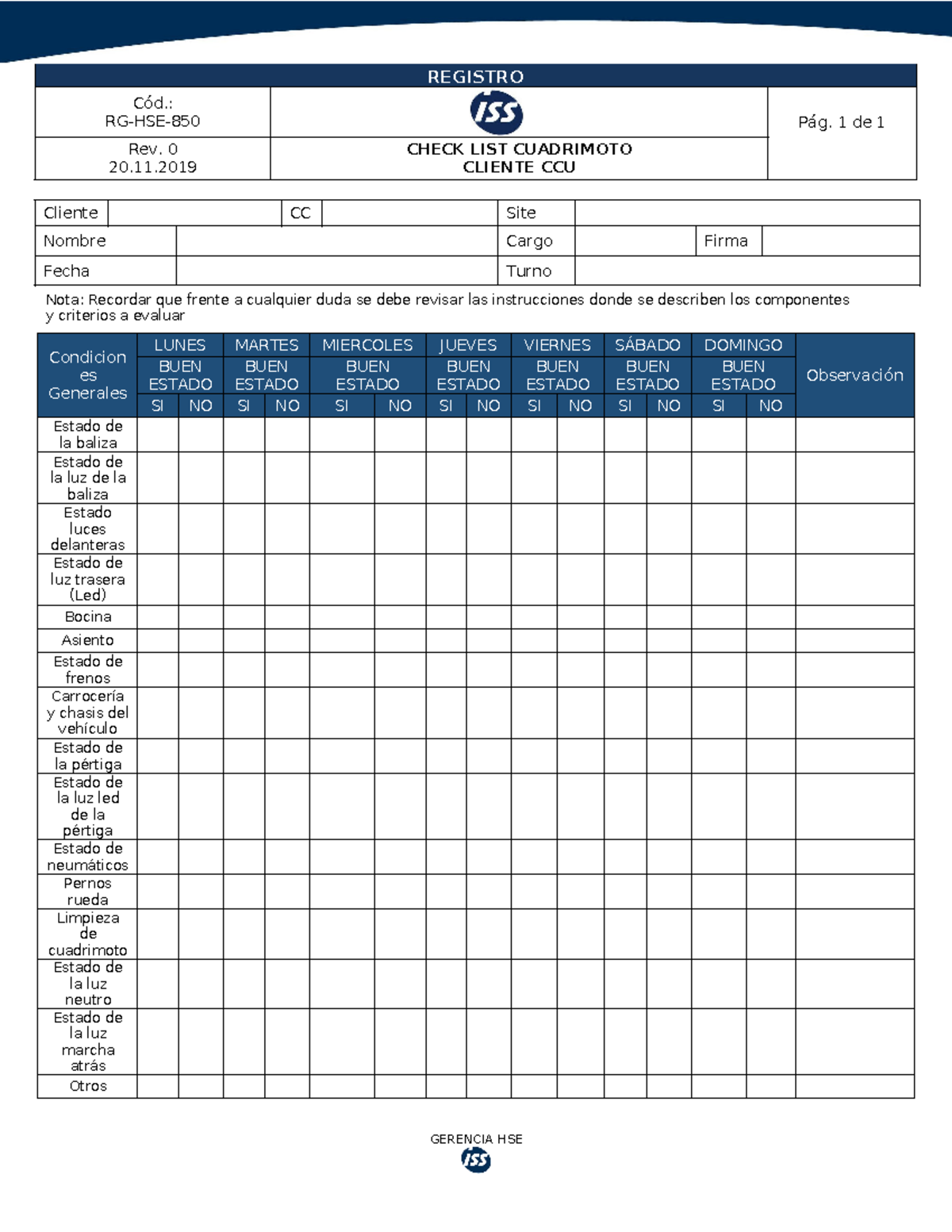 RG-HSE-850 Check List Cuadrimoto para Cliente CCU - Studocu