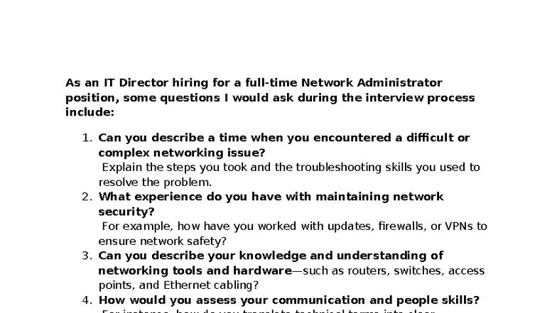 Interview Questions for Network Admin Position - IT 212 - Studocu