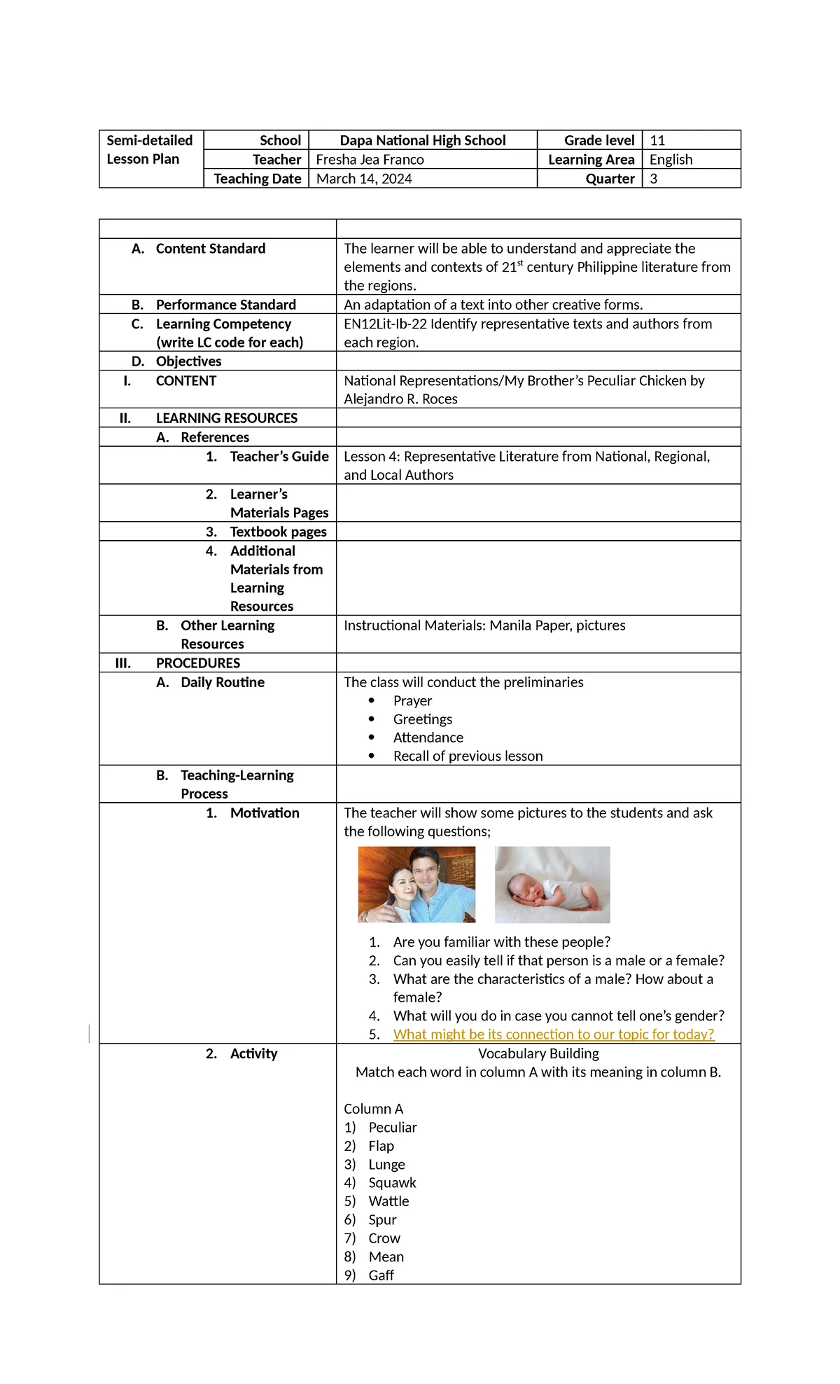 Grade 11 Reading and Writing Lesson Plan on Assertions and ...