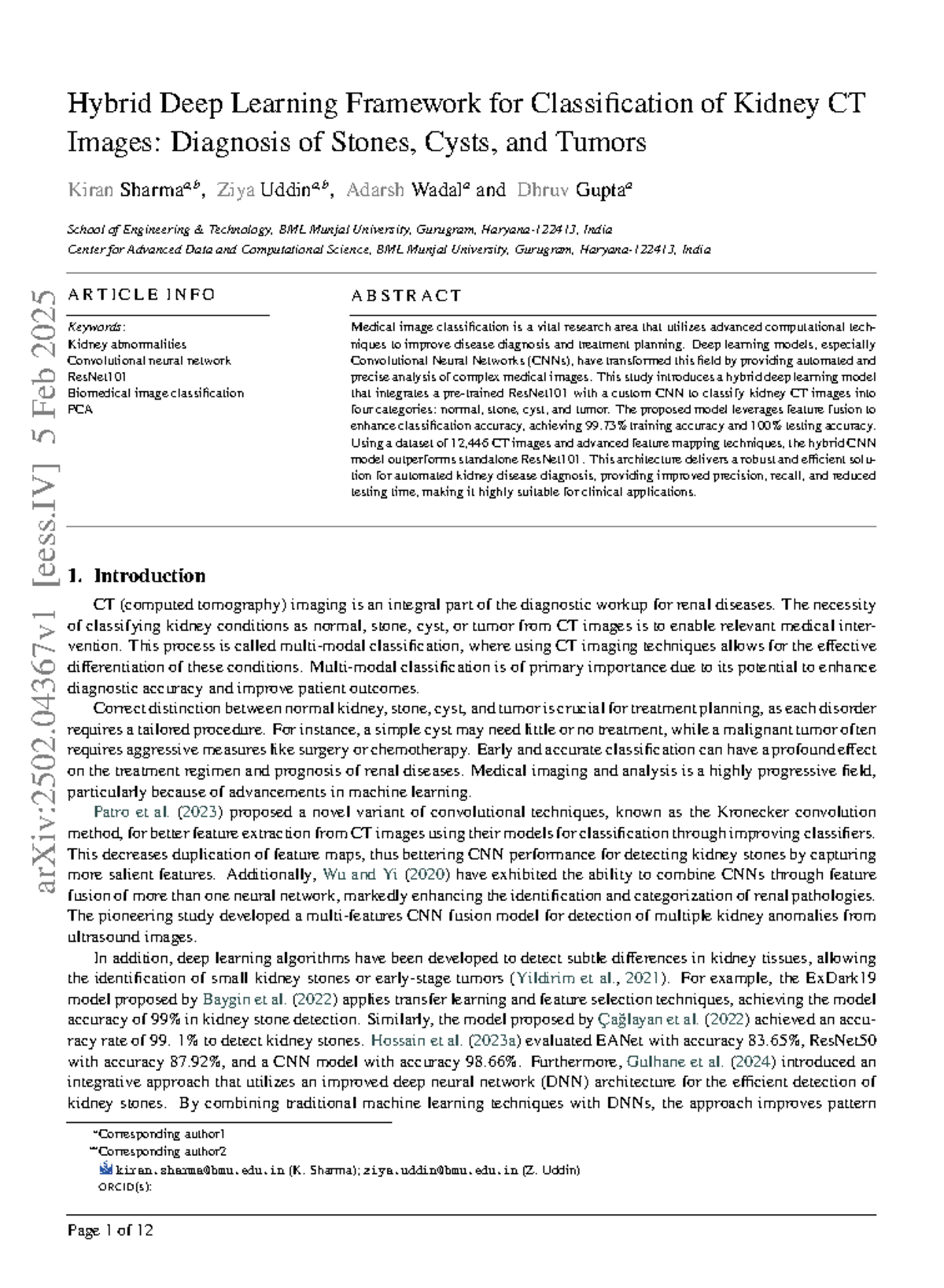 Hybrid Deep Learning Model for Kidney CT Image Classification (2502 ...