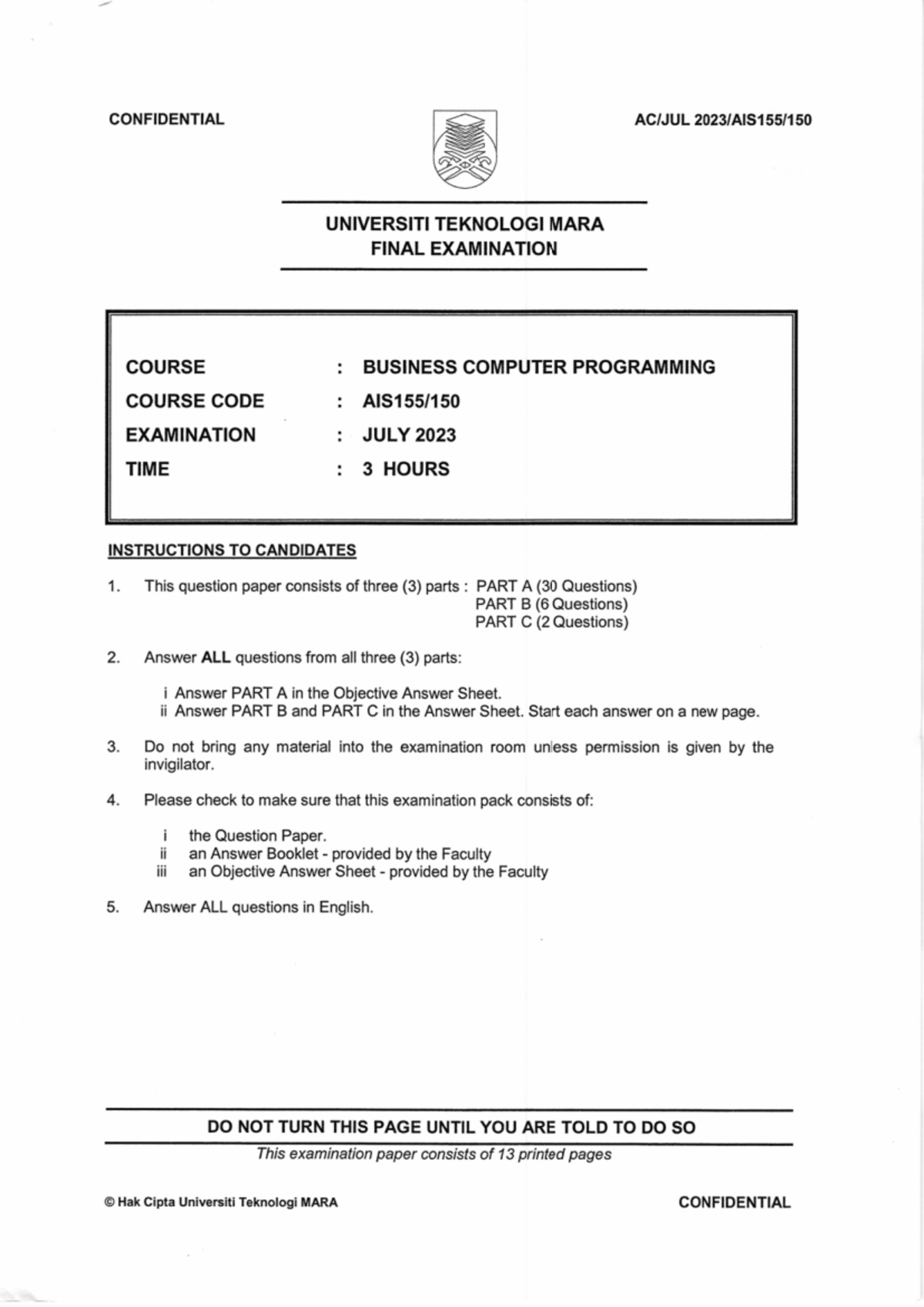 AIS155 JUL 2023 FINAL EXAM - BUSINESS COMPUTER PROGRAMMING - Studocu