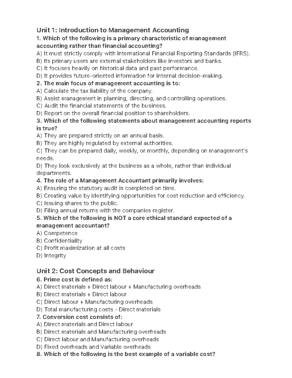 Unit 1 & 2: Management Accounting & Cost Concepts Practice Questions ...