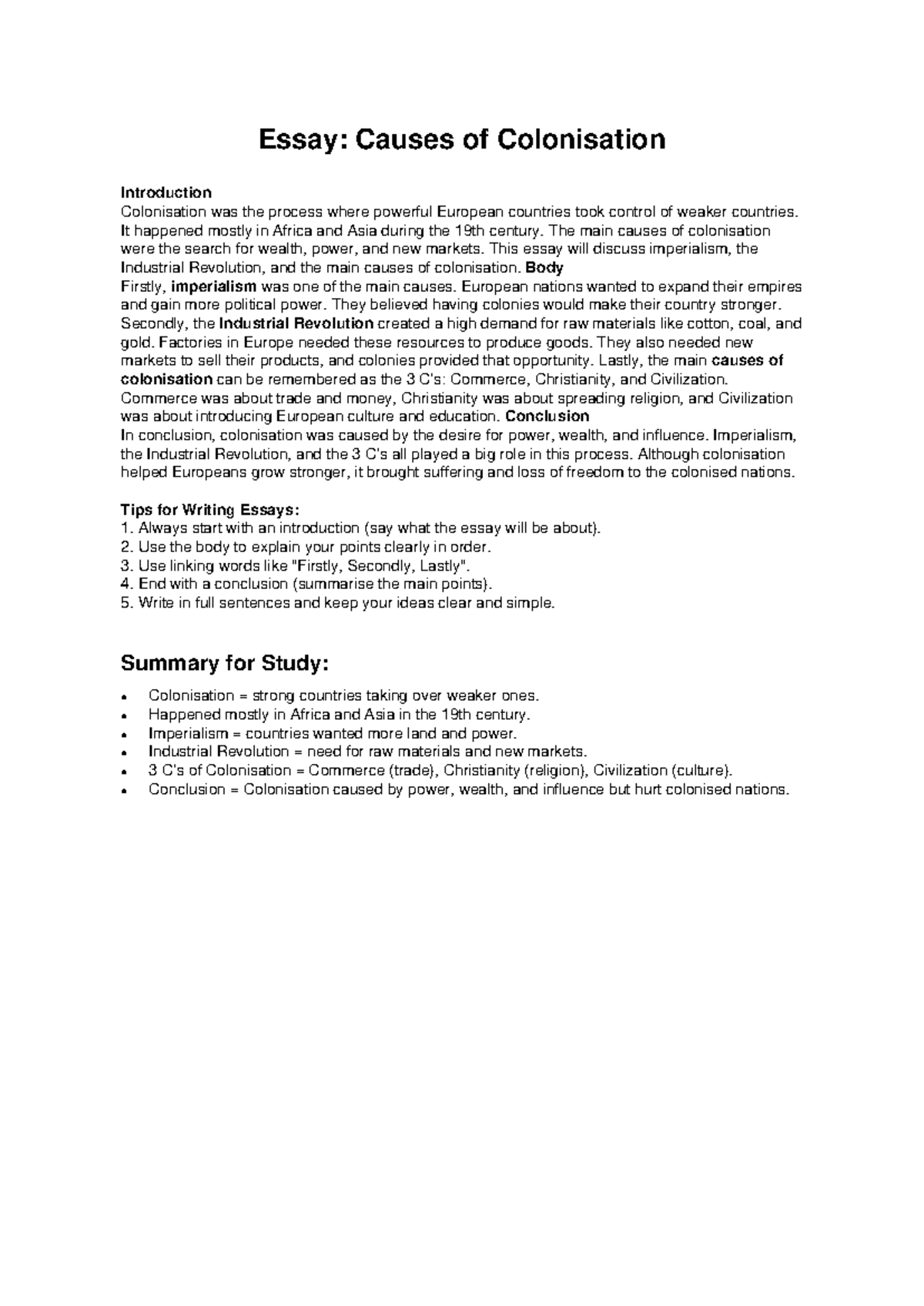 Essay: Causes of Colonisation - Grade 8 Summary - Studocu