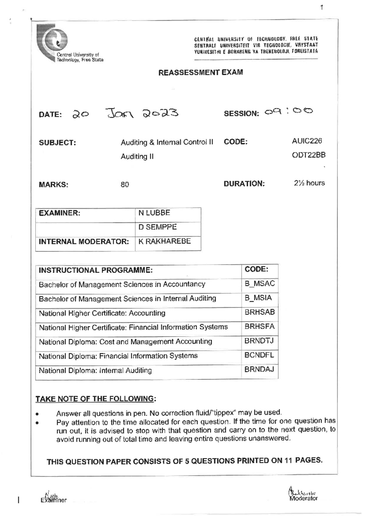 AUIC226 Auditing II Final Exam Reassessment Paper 2023 - Studocu