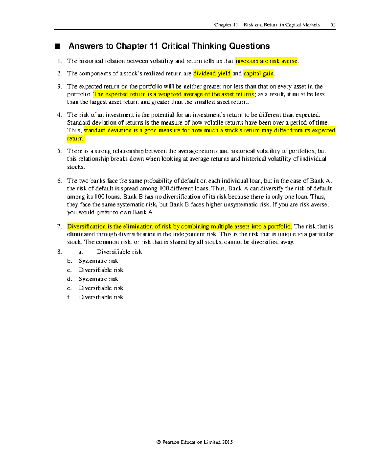 Answers to Chapter 11 Critical Thinking Questions - Risk & Return - Studocu