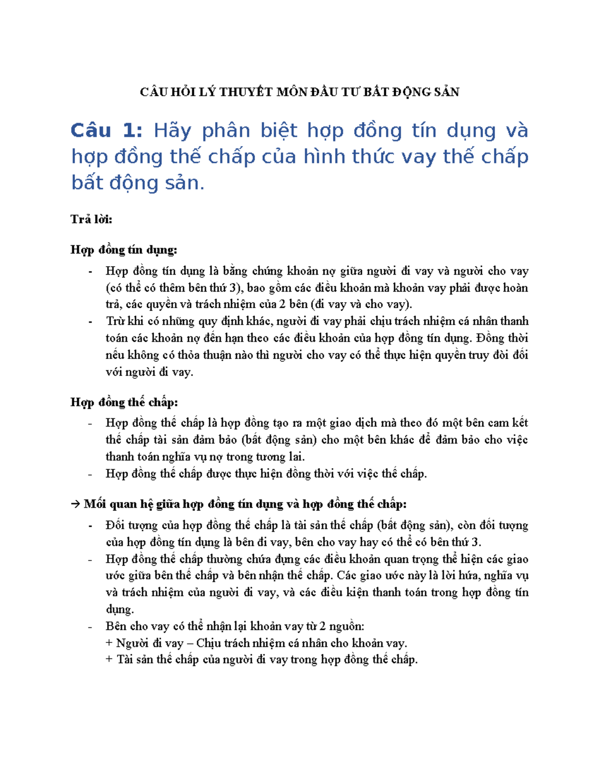 CÂU HỎI LÝ THUYẾT VỀ ĐẦU TƯ BẤT ĐỘNG SẢN - Document Preview