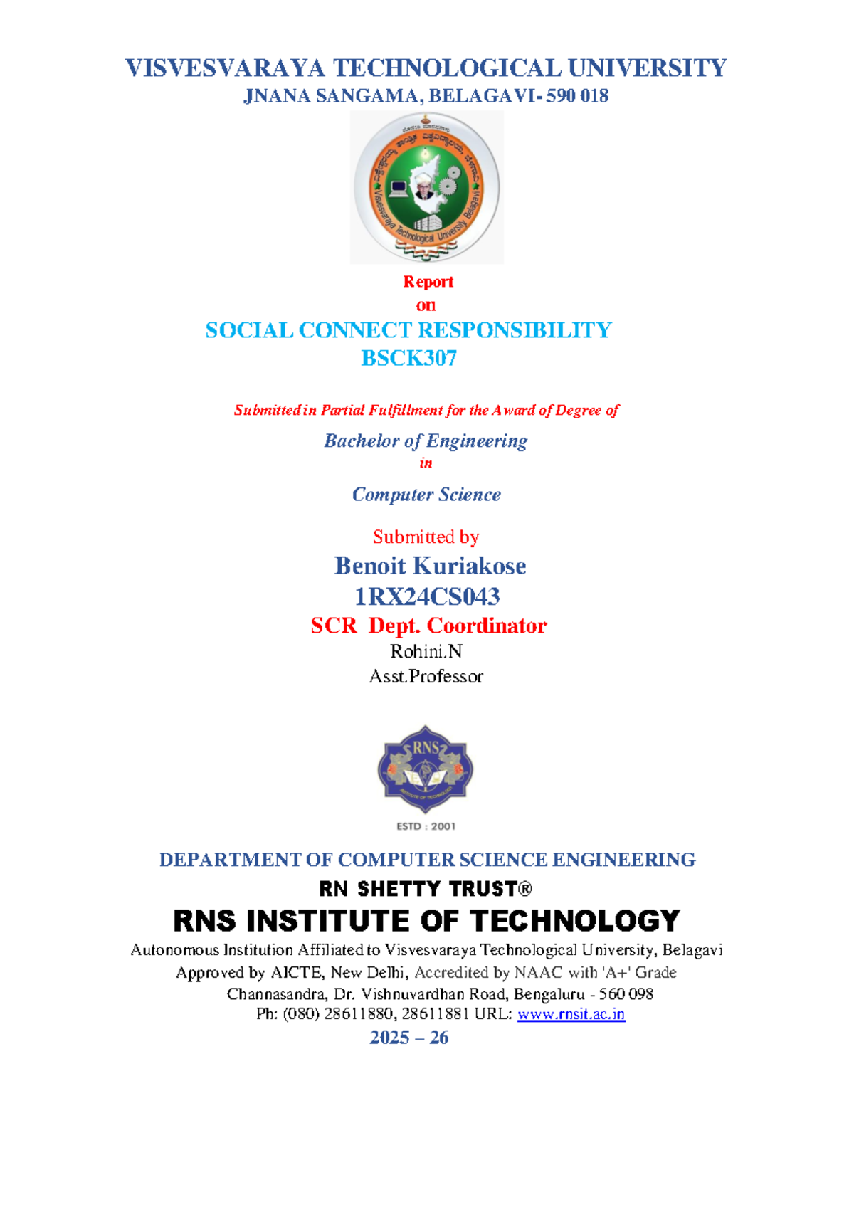 Report on Social Connect Responsibility (BSCK307) by Benoit Kuriakose ...