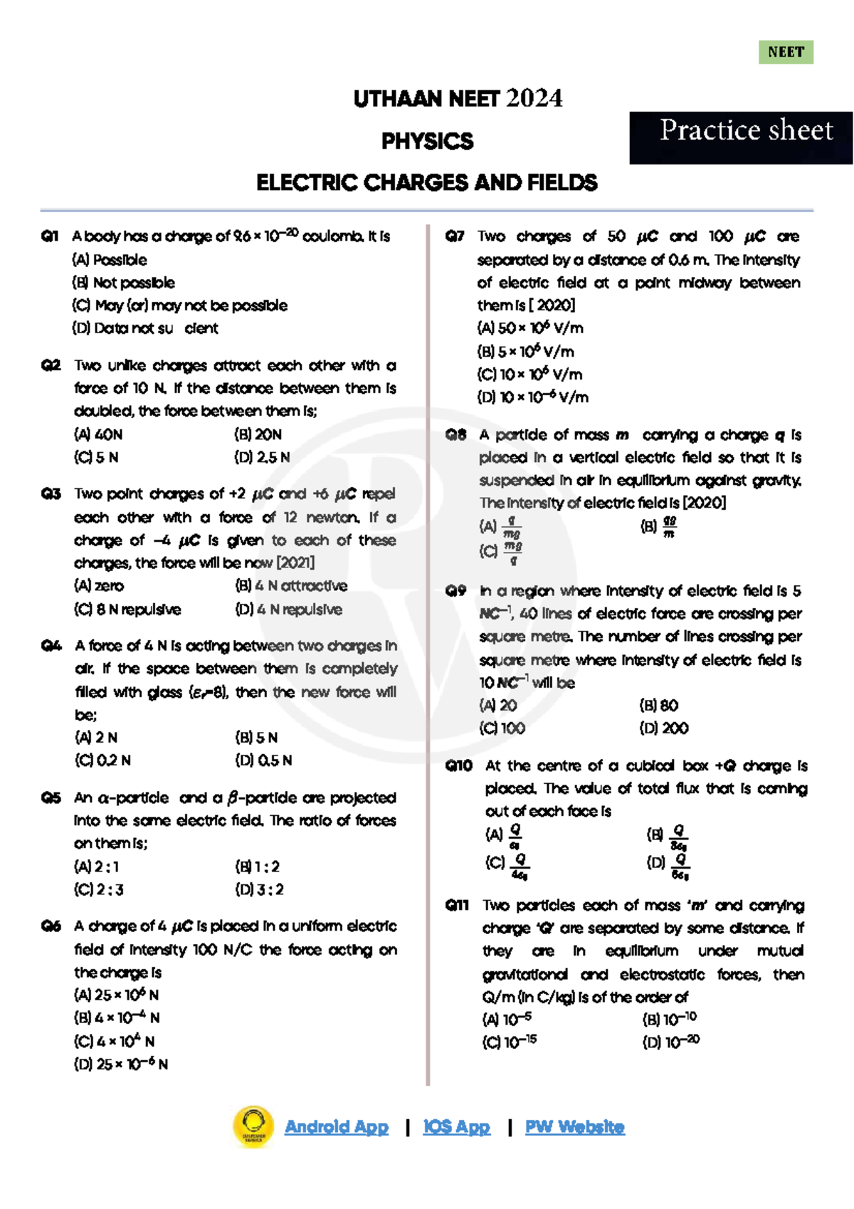 Electric Charges and Fields Practice Sheet UTHAAN NEET DPP: 1 - Studocu