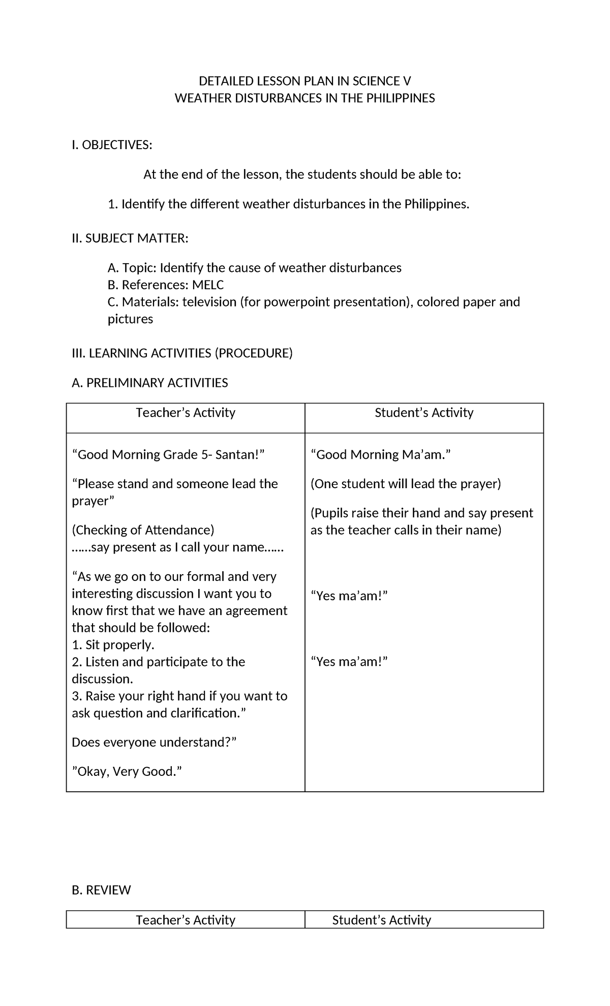 Detailed Lesson Plan: Weather Disturbances in Science V - Studocu