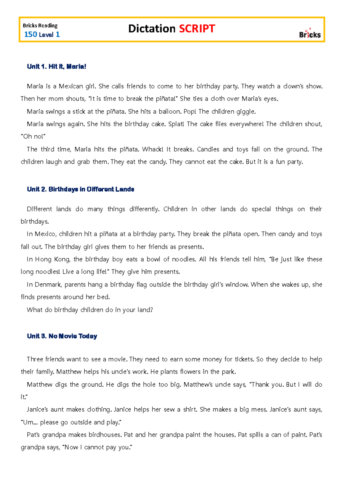 Bricks Reading 150 Level 1 Dictation SCRIPT: Units 1-15 Summary - Studocu