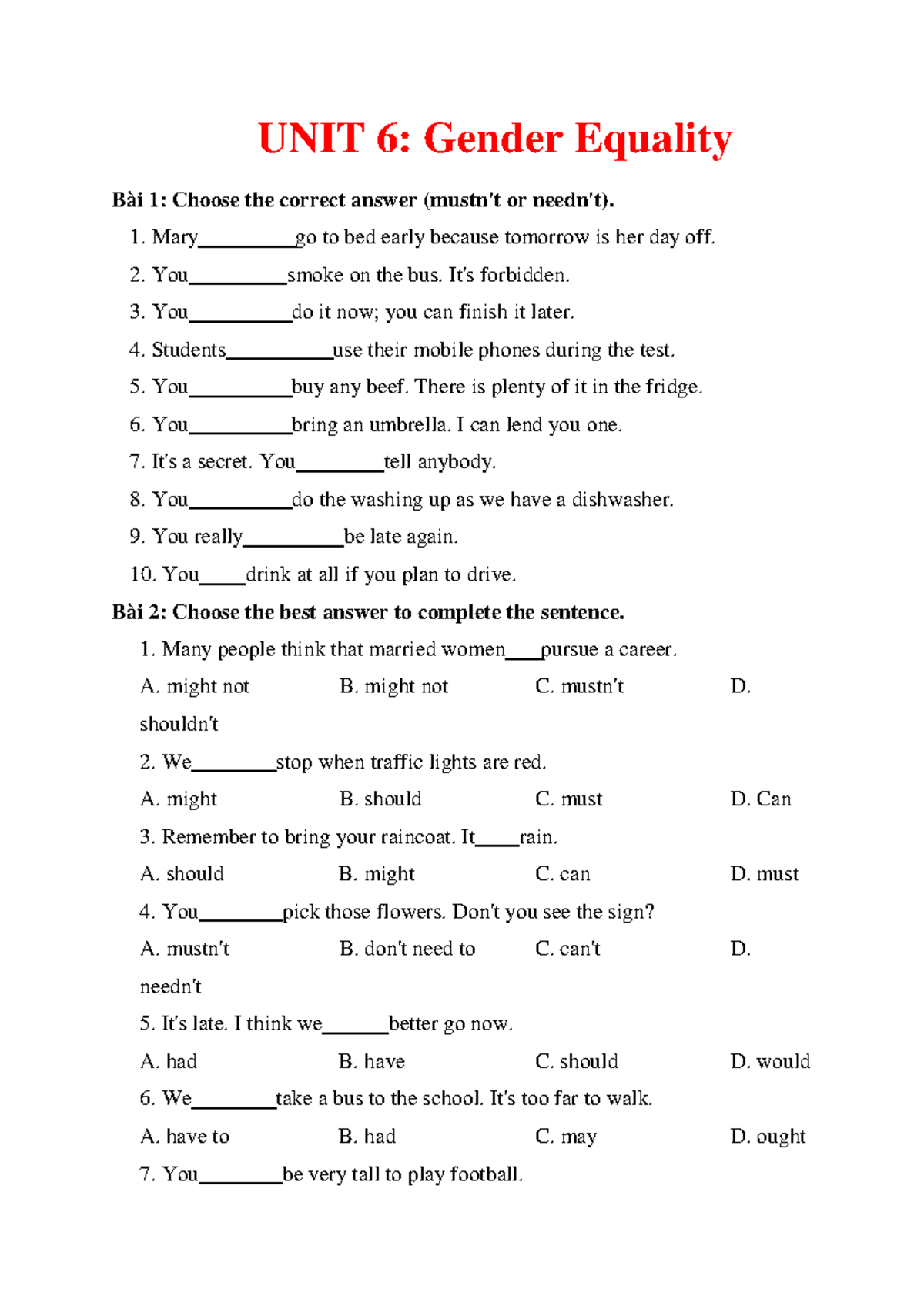 Tieng anh 10 unit 6 gender equalit - UNIT 6: Gender Equality Bài 1 ...