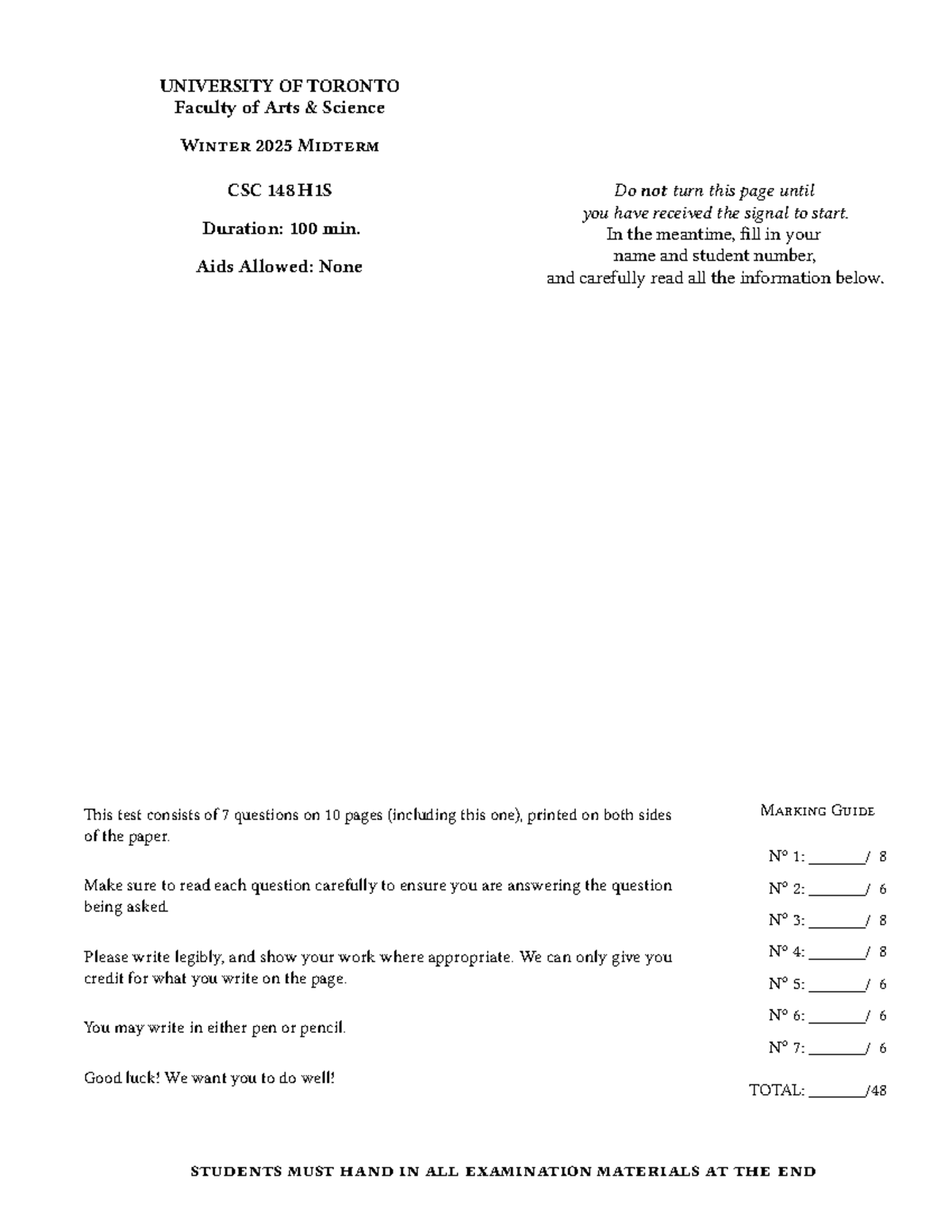 Midterm A Practice Exam - 2025 CSC 148 H1S - Studocu