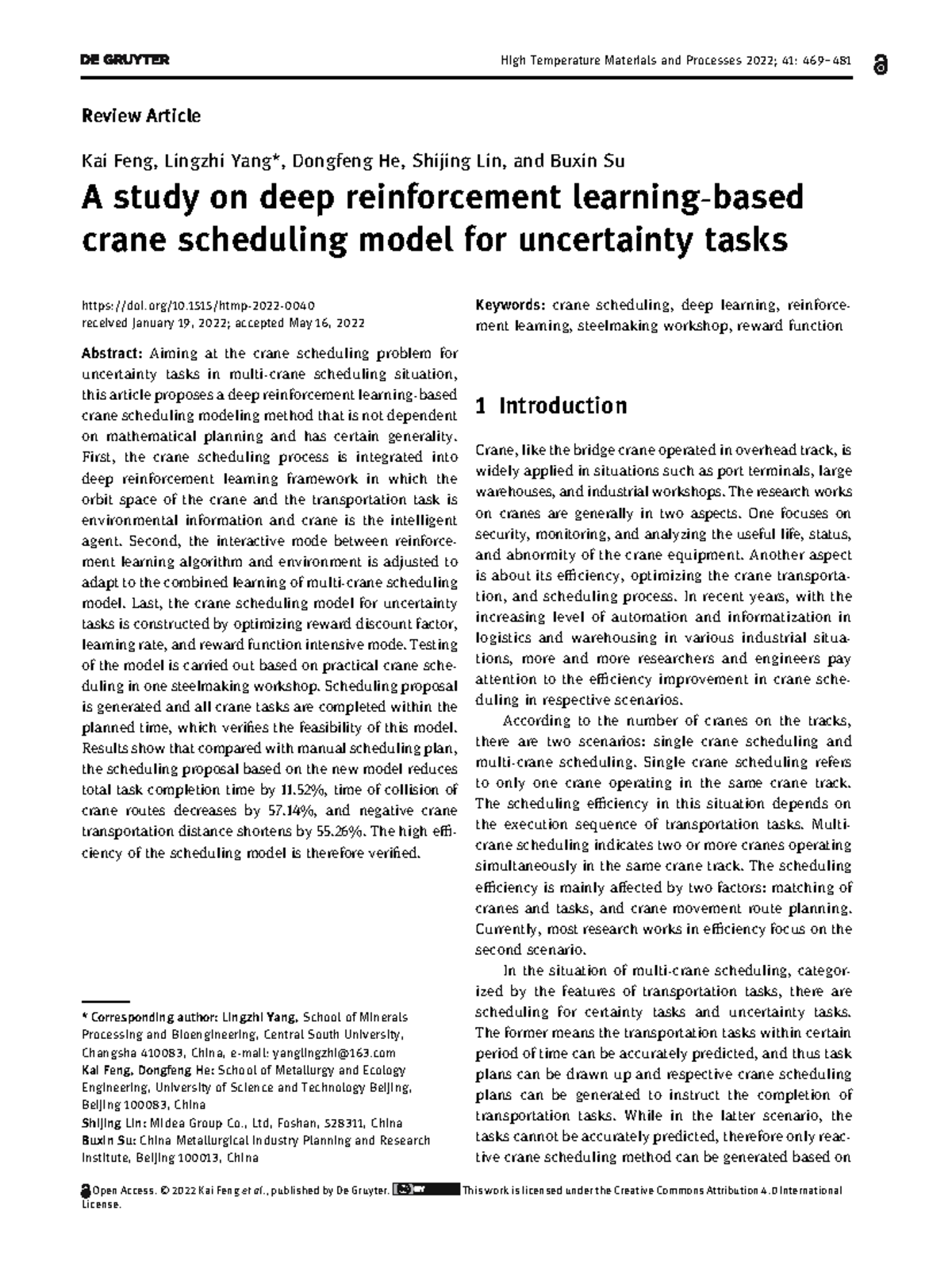 Deep Reinforcement Learning-Based Crane Scheduling Model for ...