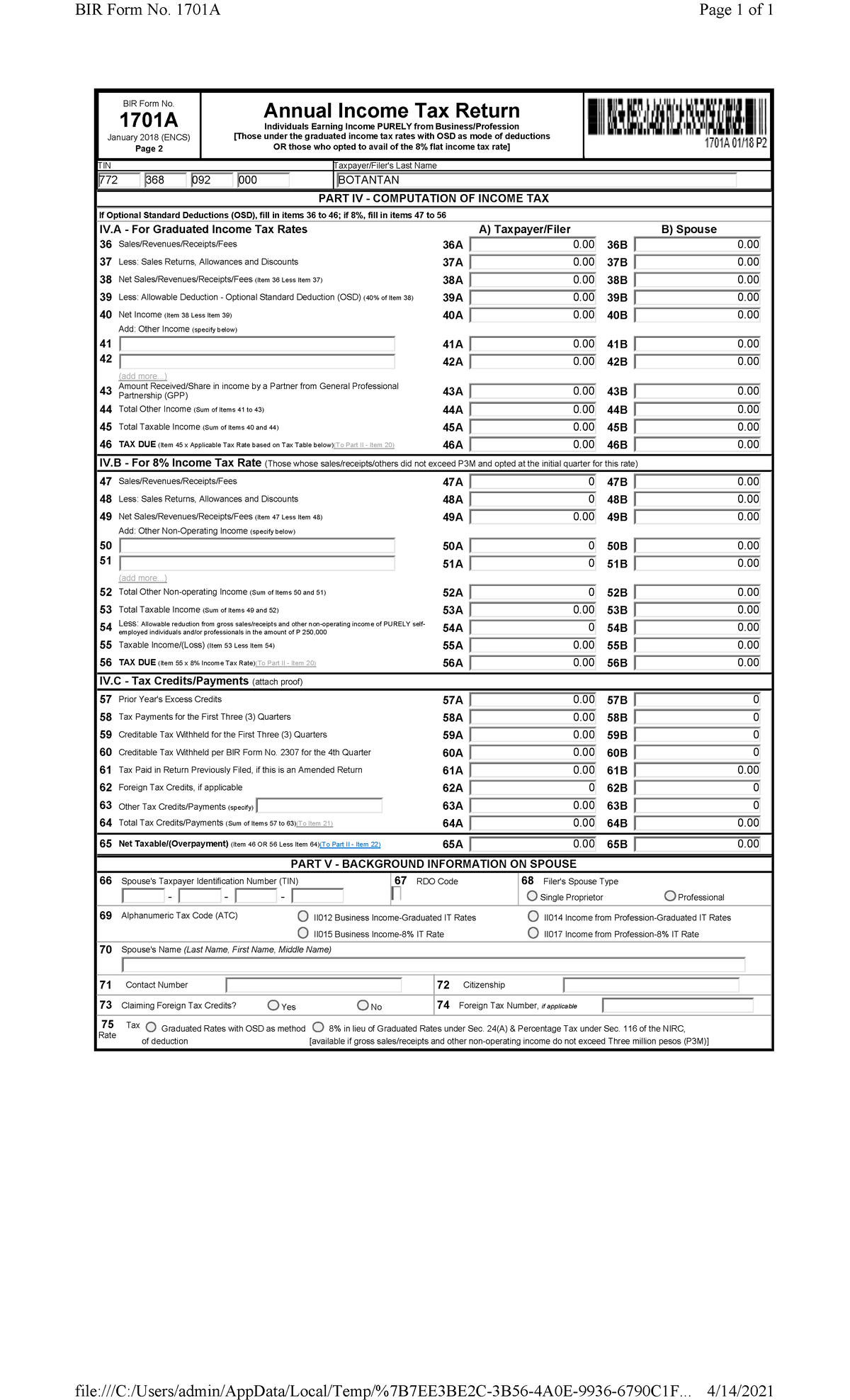 BIR Form 1701A: Annual Income Tax Return for Individuals (2018) - Studocu