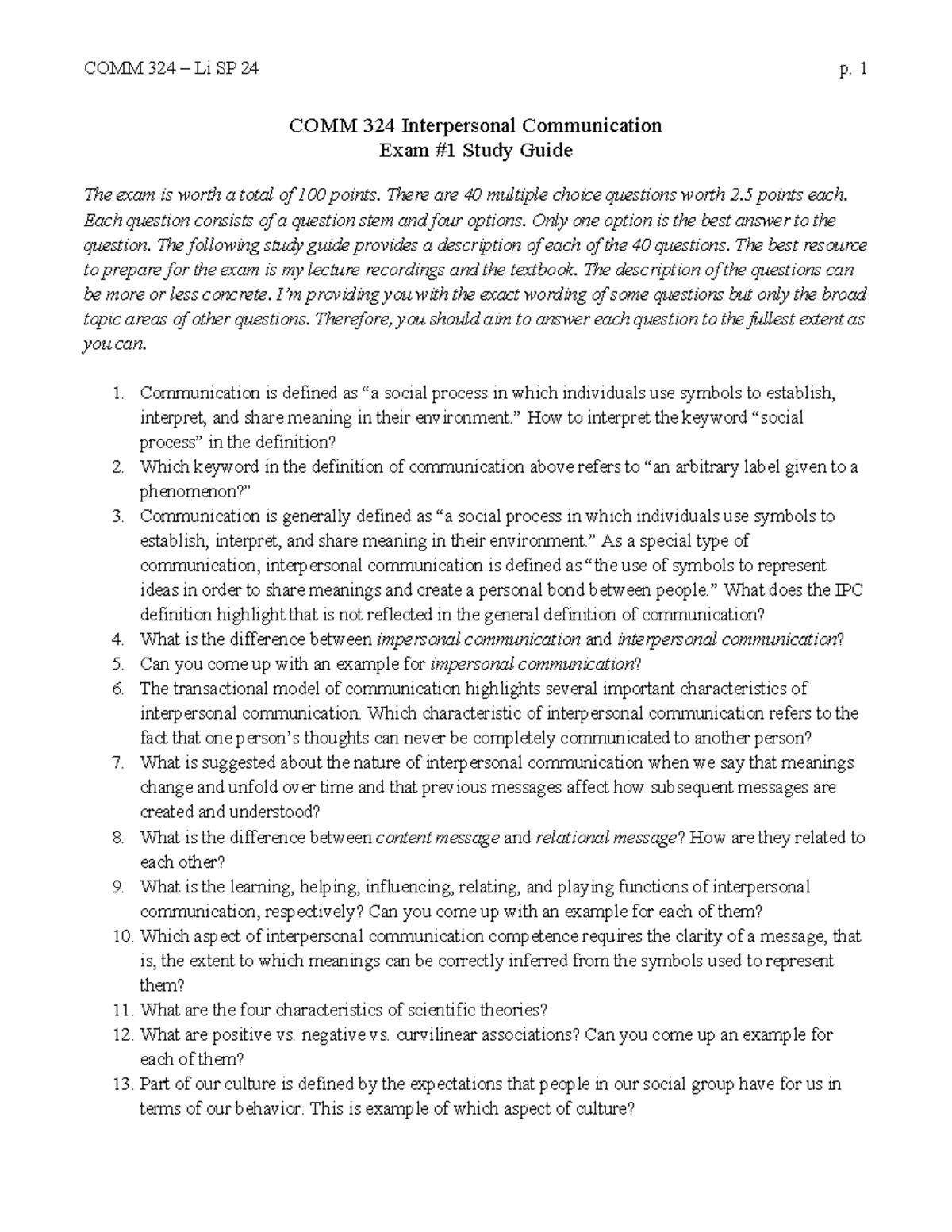 COMM 324 Exam 1 Study Guide - Interpersonal Communication SP 24 - Studocu