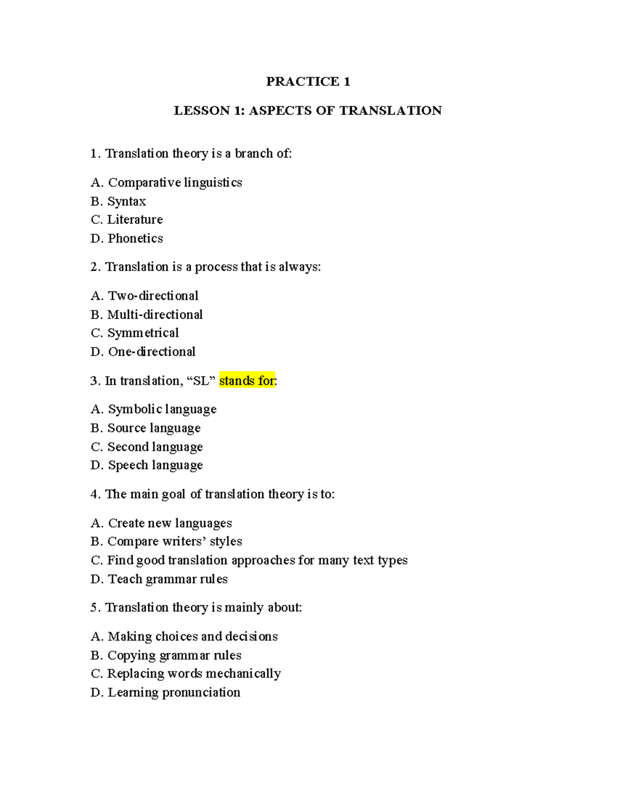 Translation Theory Final Test: Aspects of Translation 1 - Studocu