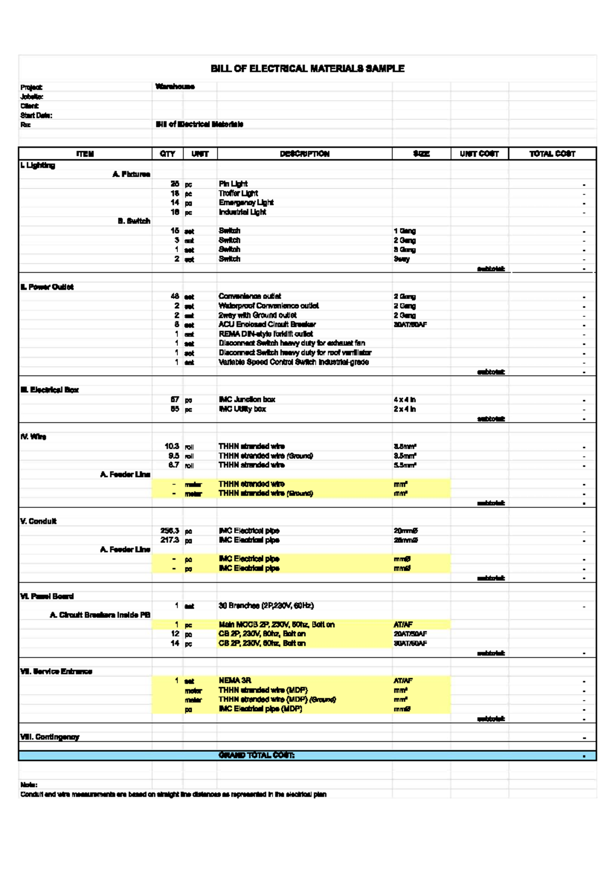 BILL OF ELECTRICAL MATERIALS SAMPLE for Project Planning - Studocu