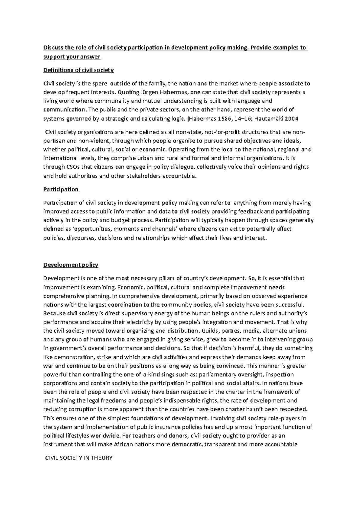 CIV 101: The Role of Civil Society in Development Policy Making Exam1 ...