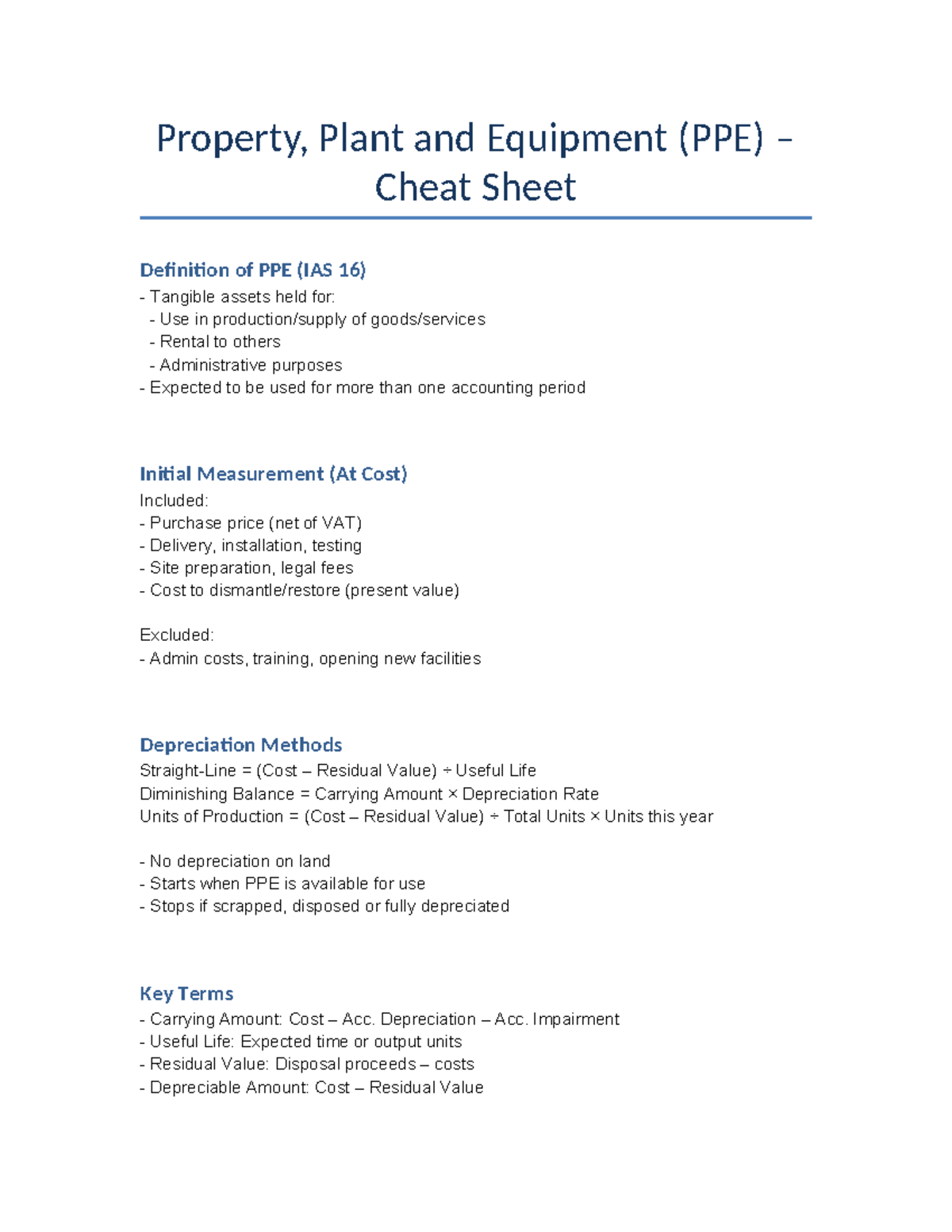 PPE Cheat Sheet - Key Definitions and Journal Entries (IAS 16) - Studocu