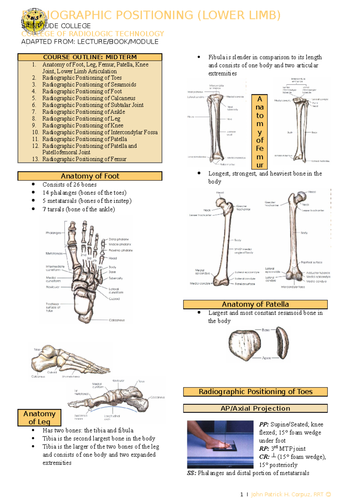 Radiographic Positioning Notes for RAD-201 Midterm Exam - Document Preview