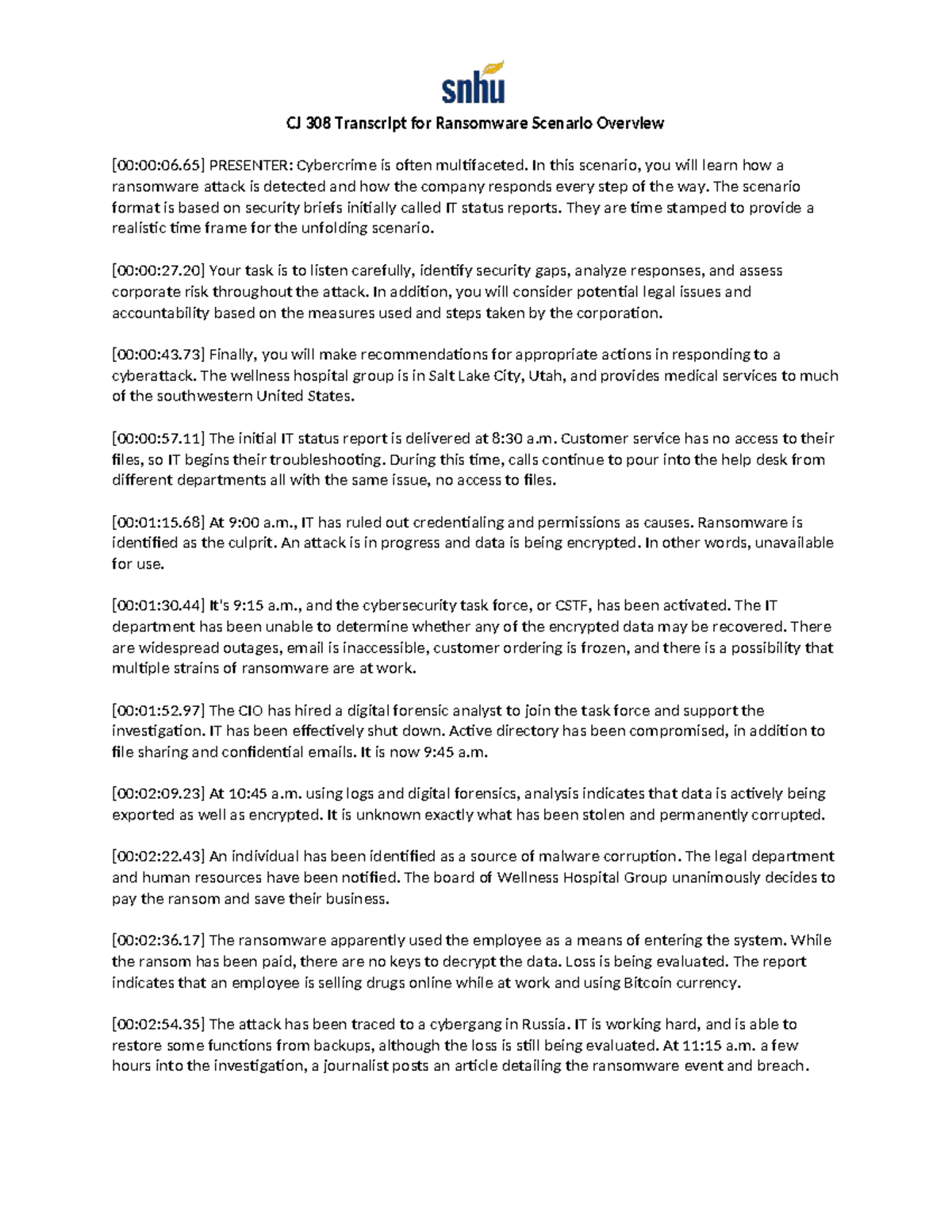 CJ 308 Ransomware Attack Scenario: Detection & Response Overview - Studocu