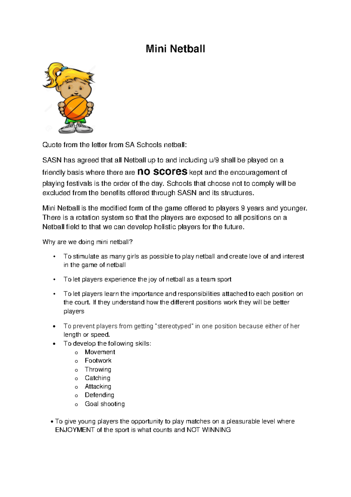 Mini Netball Guidelines for Players and Coaches - Studocu