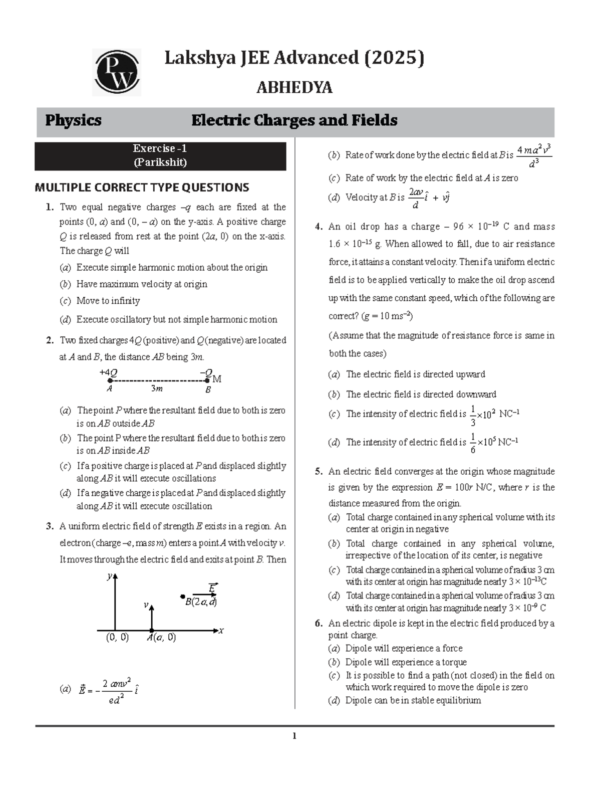 PS JEE Advanced (2025) ABHEDYA Physics Electric Charges & Fields ...