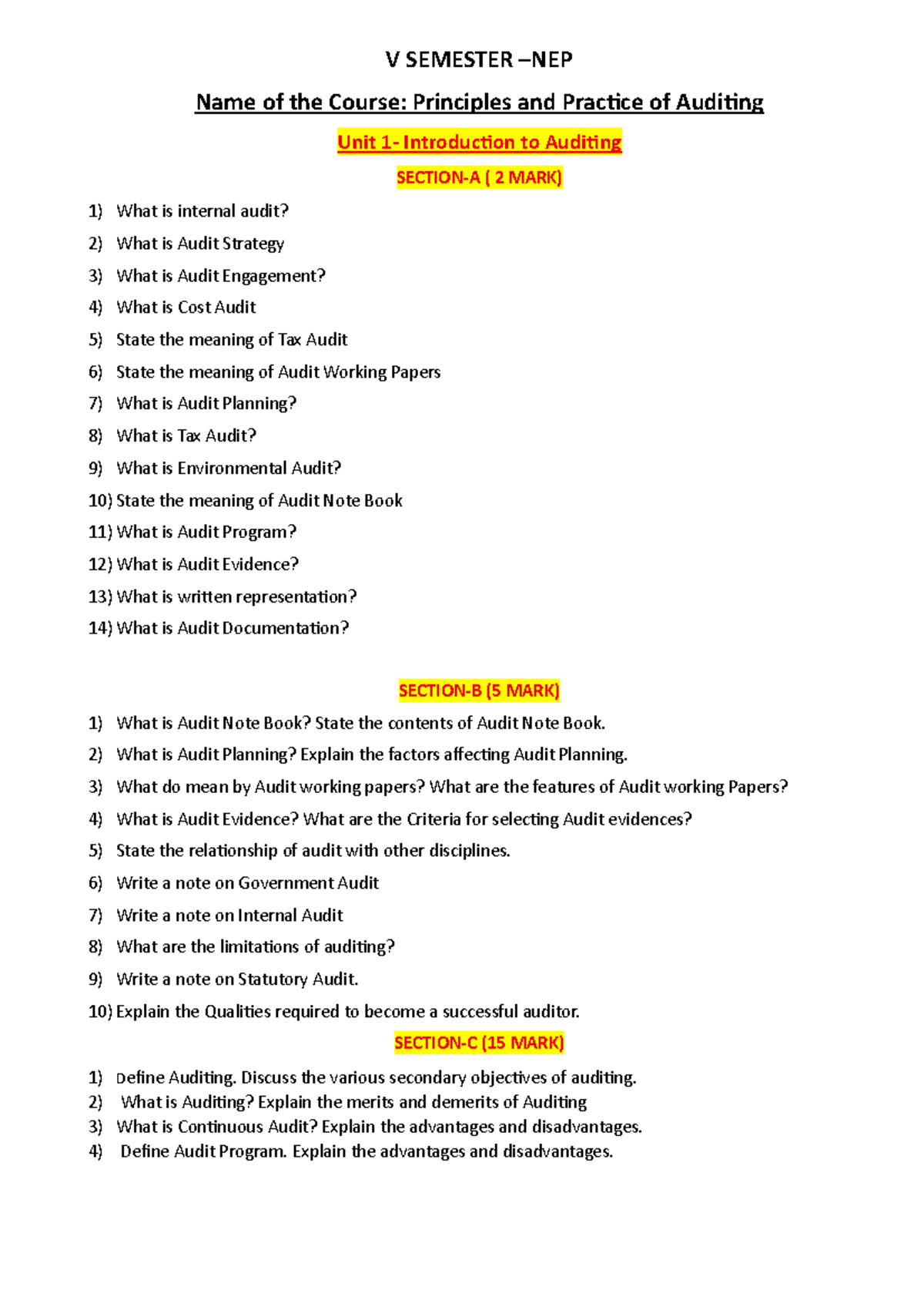V SEMESTER: Principles & Practice of Auditing - Unit Wise Exam ...