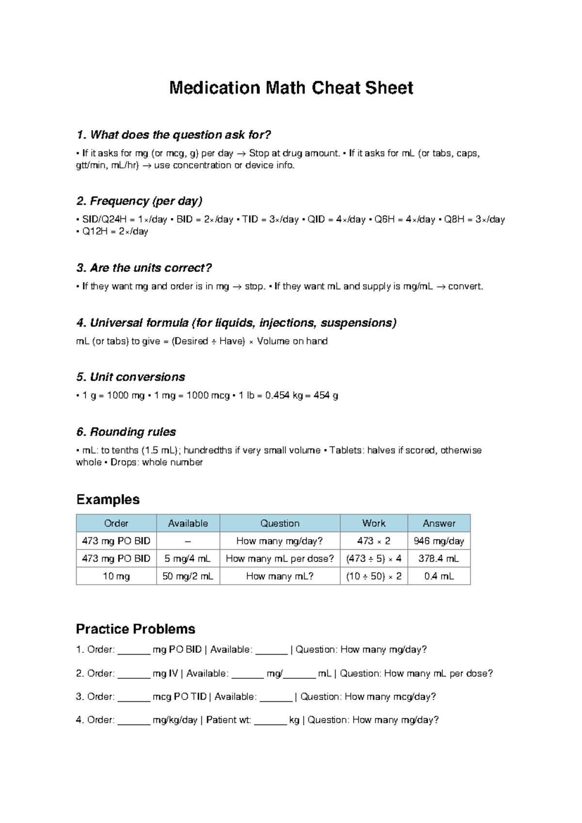 Medication Math Cheat Sheet with Practice Problems - Studocu
