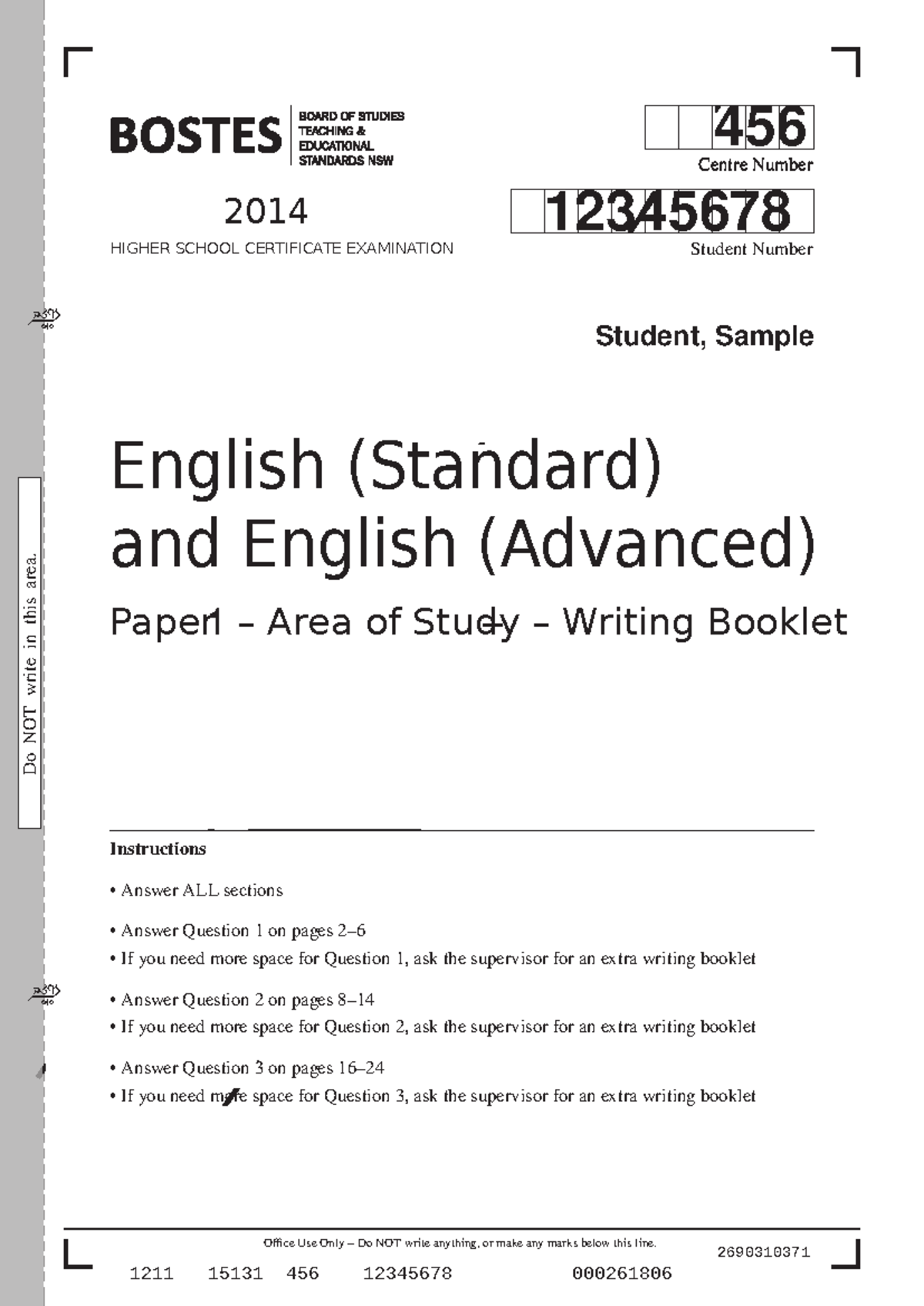 Paper 1 writing booklet - Office Use Only – Do NOT write anything, or ...