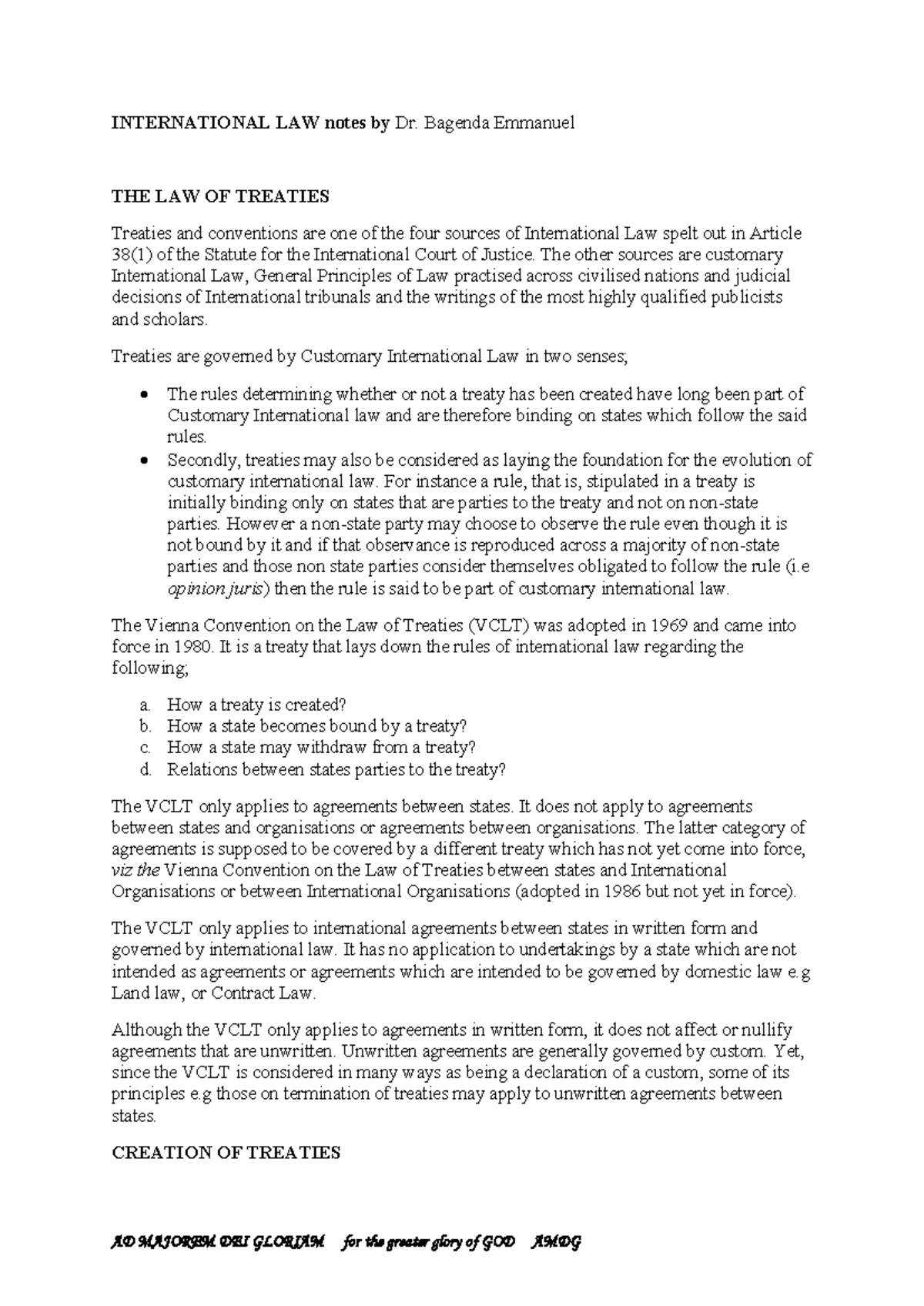 INTERNATIONAL LAW (LAW 101) Lecture Notes on The Law of Treaties - Studocu