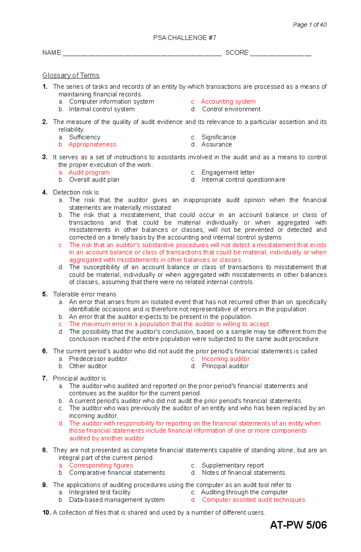 PSA Challenge 7, 8, and 9 Answer Key and Glossary of Terms - Studocu