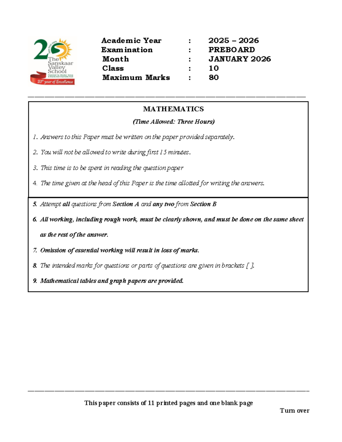 Preboard Exam 2026 - Mathematics Class 10 Maximum Marks 80 - Studocu