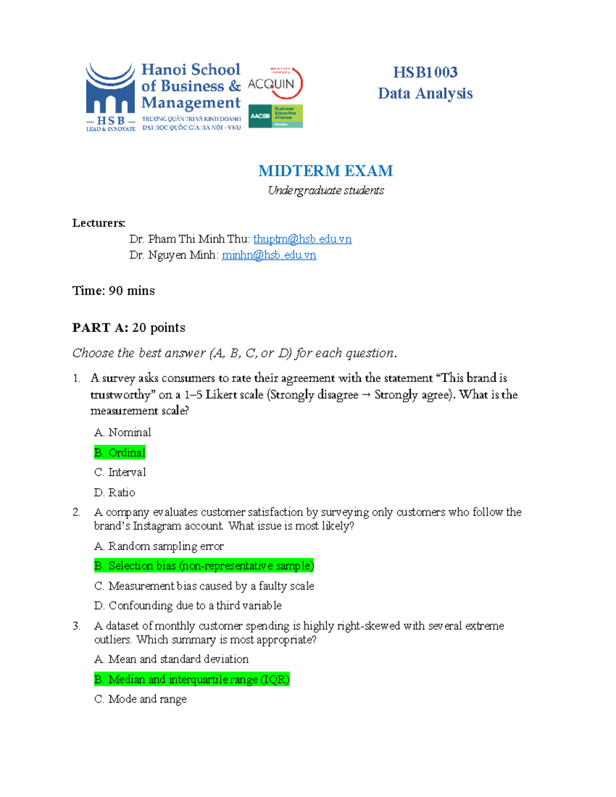 HSB1003 Data Analysis Midterm Exam Review and Practice Questions - Studocu