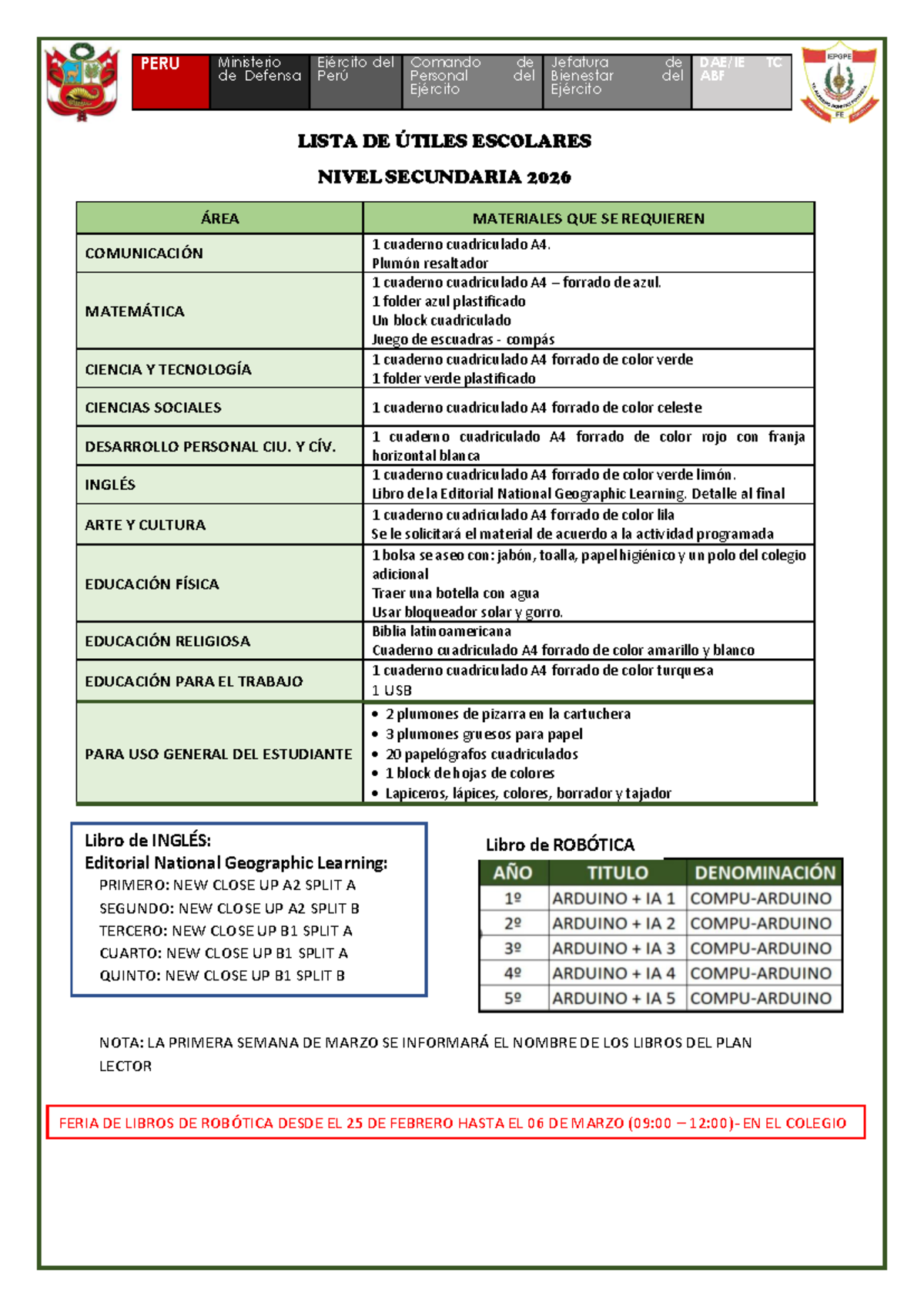 Lista de Útiles Escolares 2026 - Secundaria - Studocu