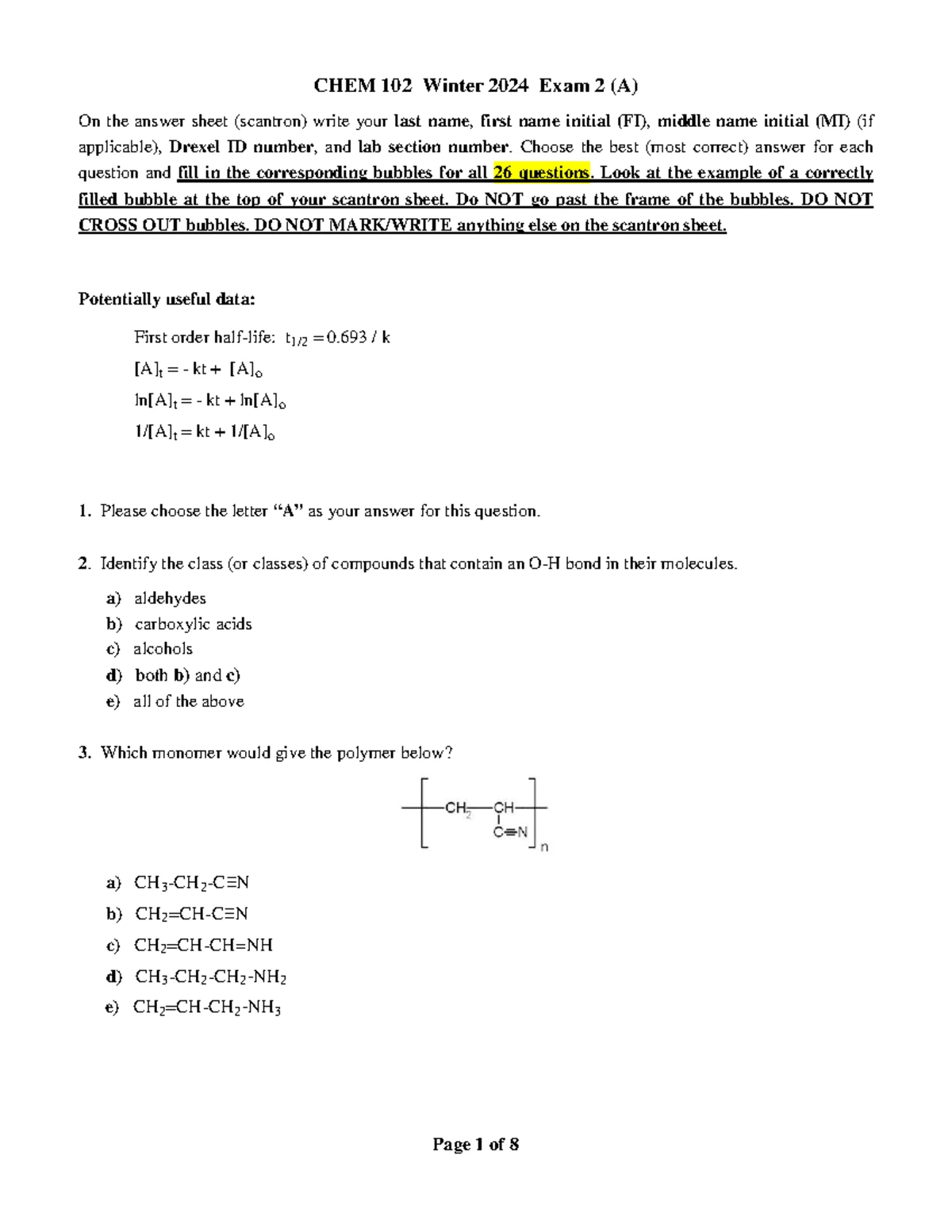 W25 Exam 2 review questions - CHEM 102 – Winter 25 Exam 2 Review ...
