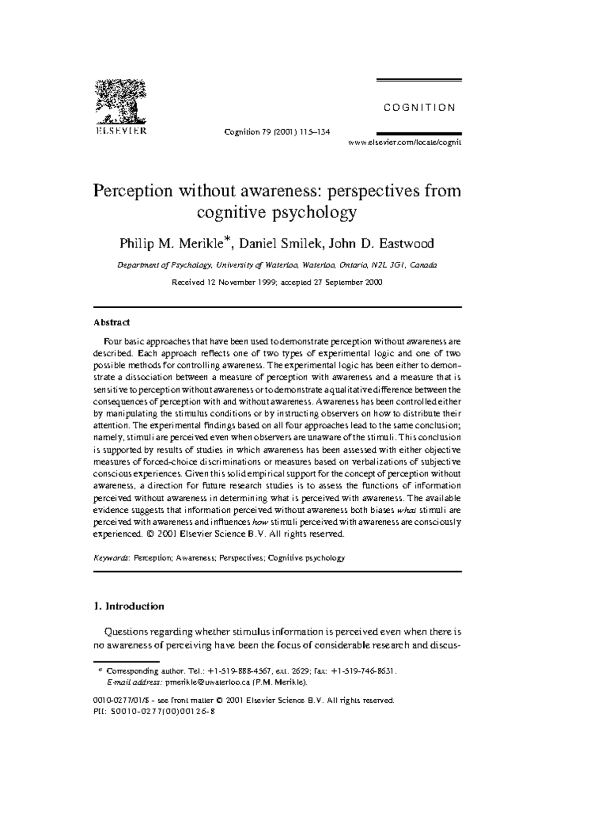 Cognitive Psych 101: Perception Without Awareness Perspectives - Studocu