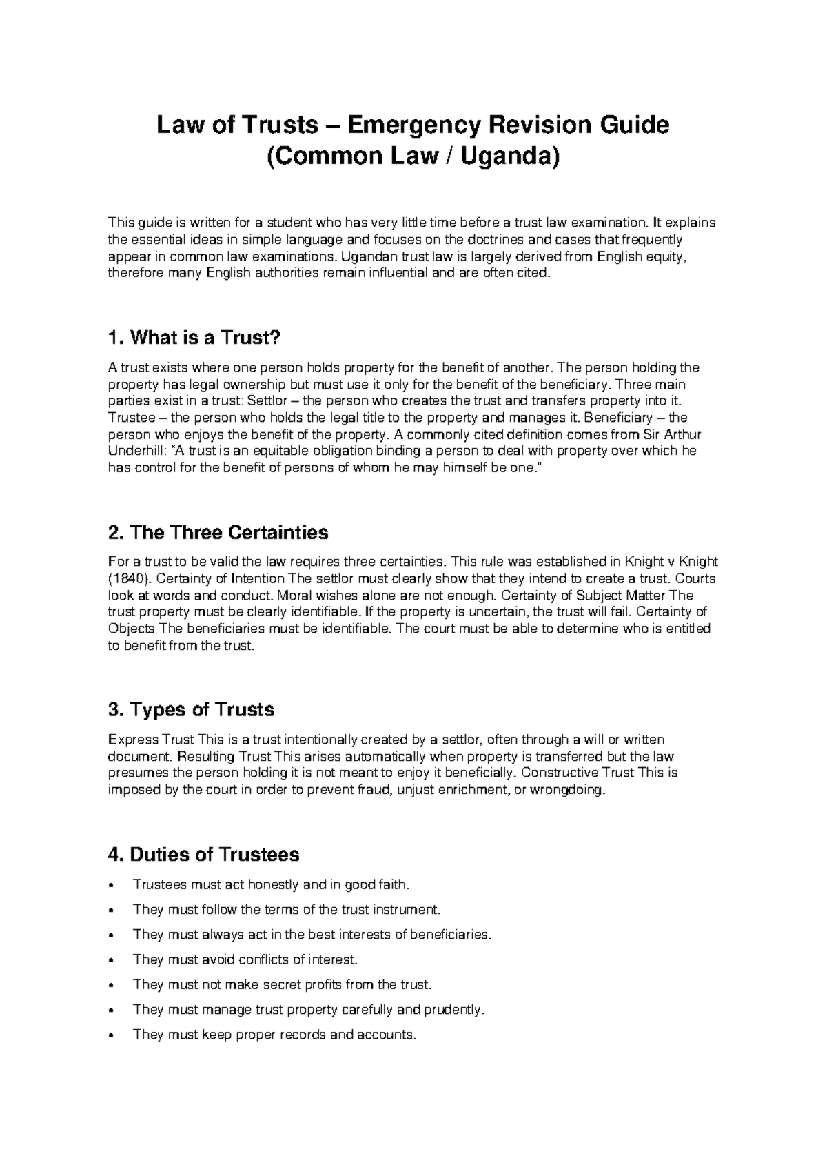 Law of Trusts Emergency Revision Guide (Common Law Uganda) - Studocu